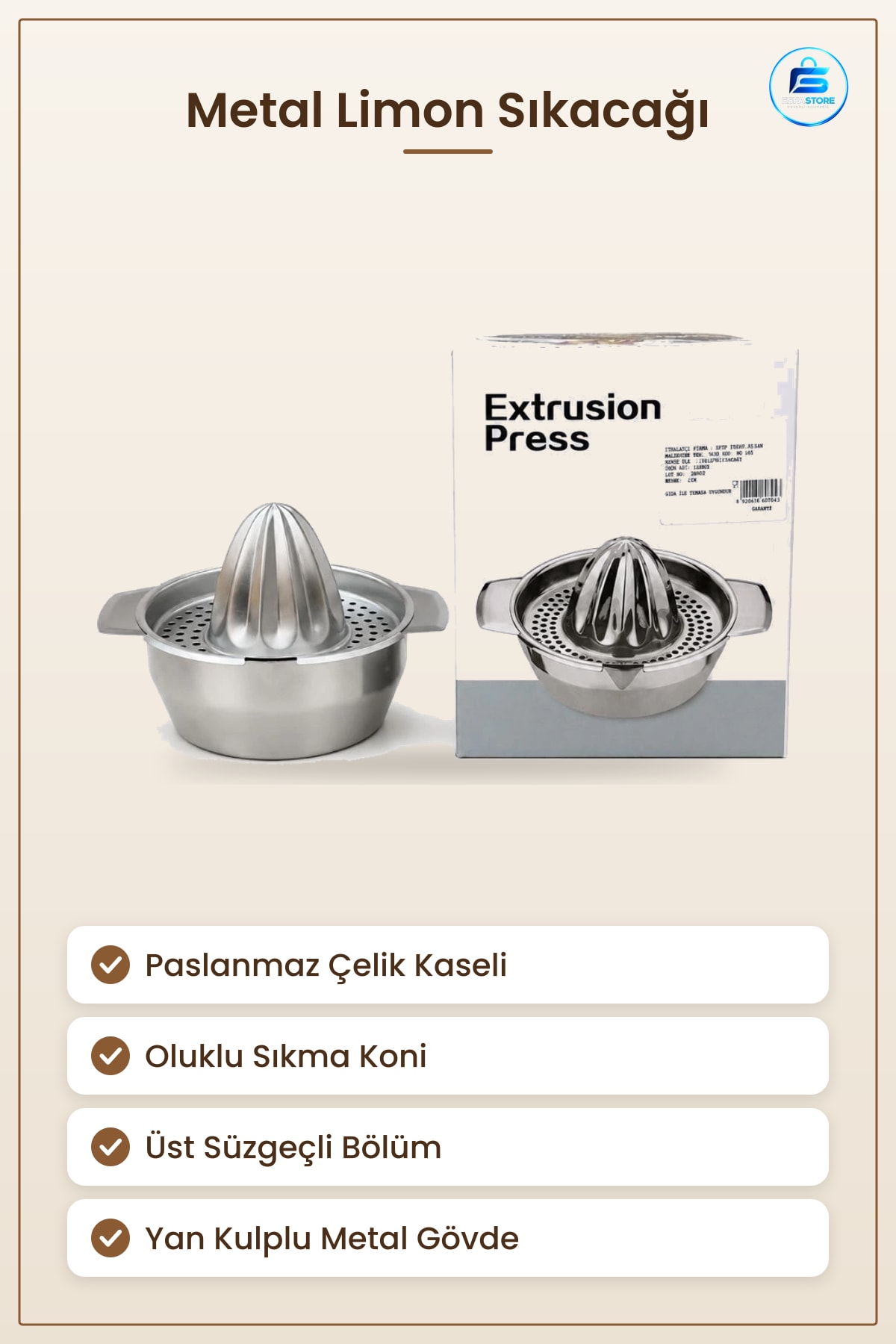 Limon Sıkacığı Metal Paslanmaz Çelik Kaseli Süzgeçli Mutfak Narenciye Taze Meyve Suyu Aleti