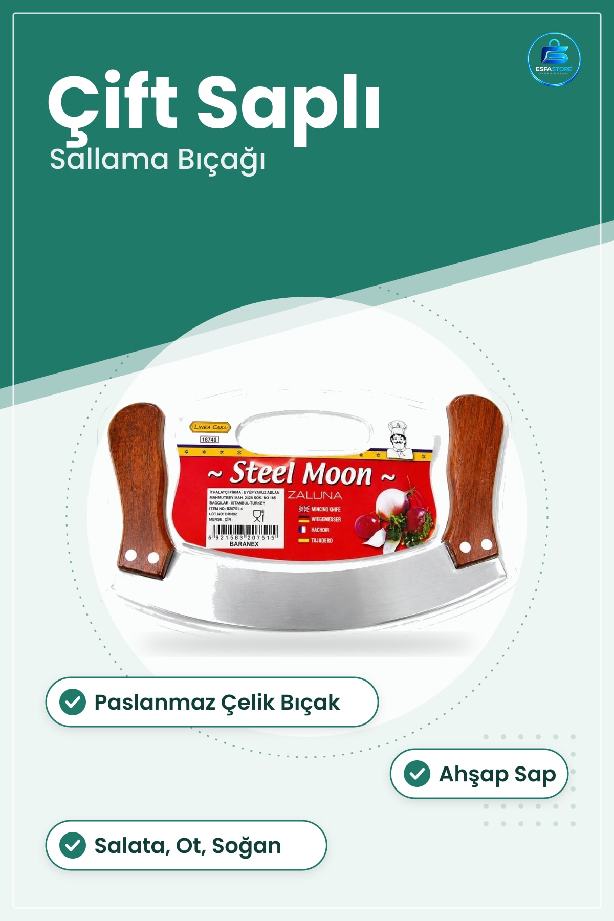 Çift Saplı Sallama Bıçağı Paslanmaz Çelik Ahşap Mutfak Kıyma Bıçak Aksesuarı Doğrama