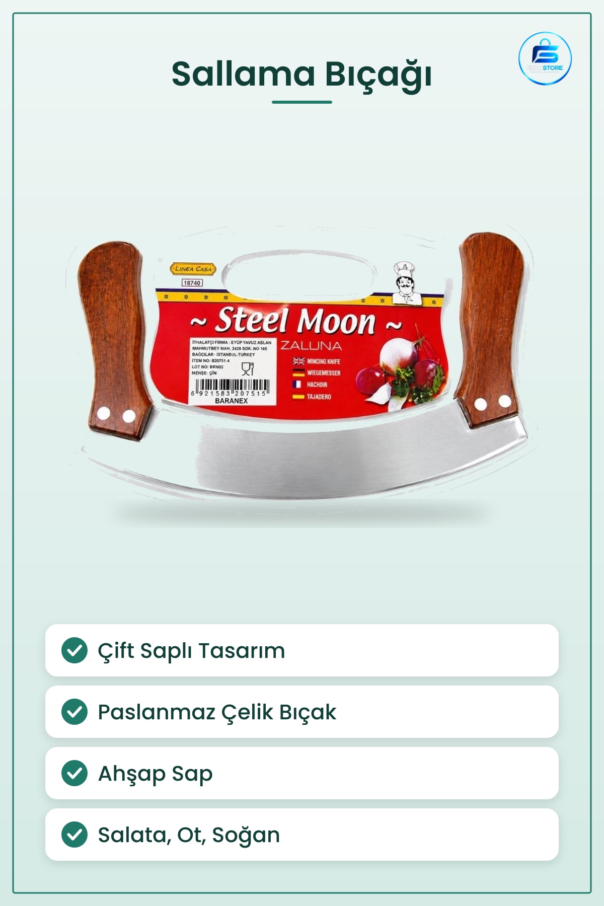 Çift Saplı Sallama Bıçağı Paslanmaz Çelik Ahşap Mutfak Kıyma Bıçak Aksesuarı Doğrama