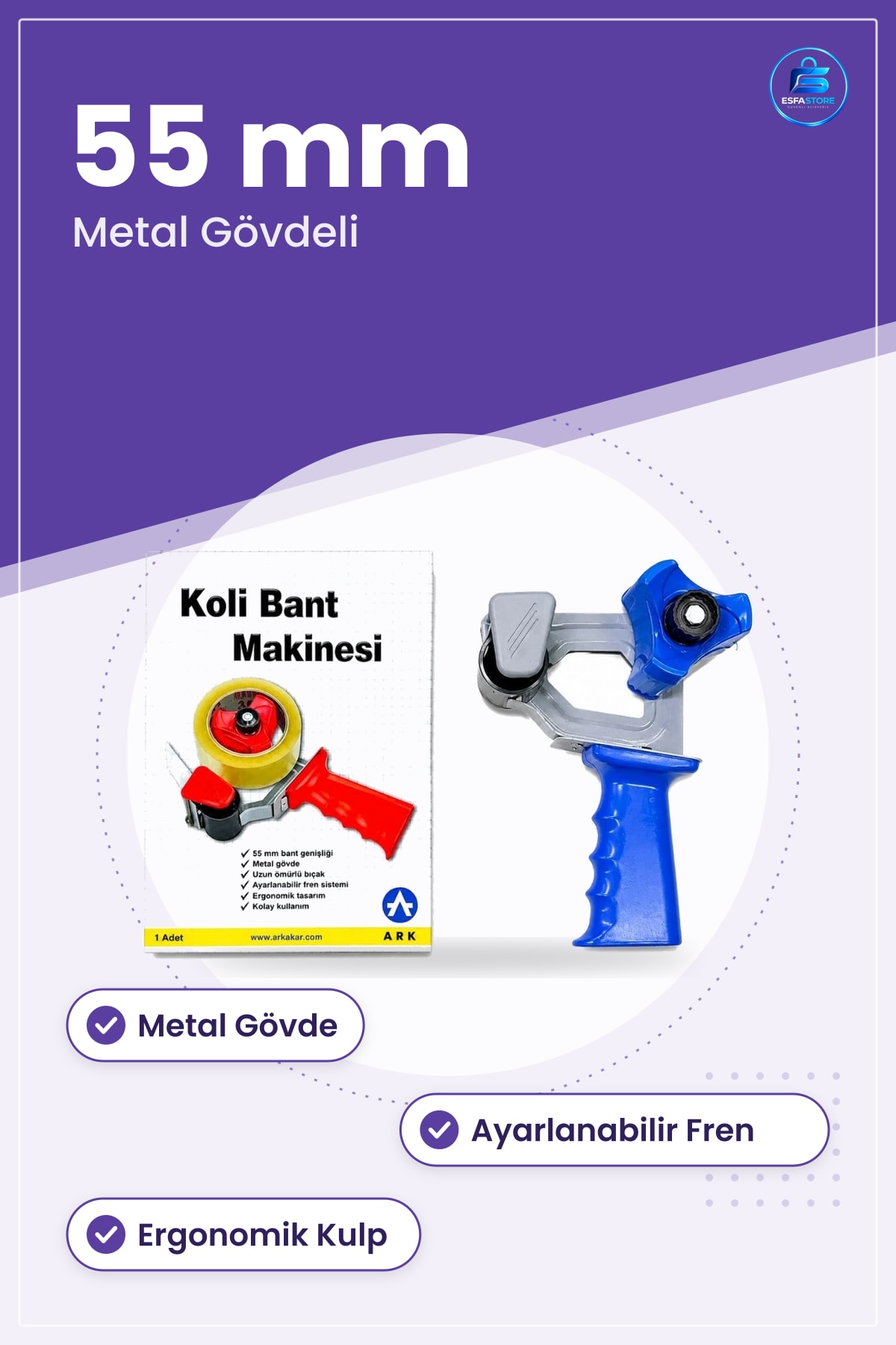 Koli Bant Makinesi Kesme 55 mm Metal Gövdeli Ayarlanabilir Fren Sistemli Ofis Paketleme