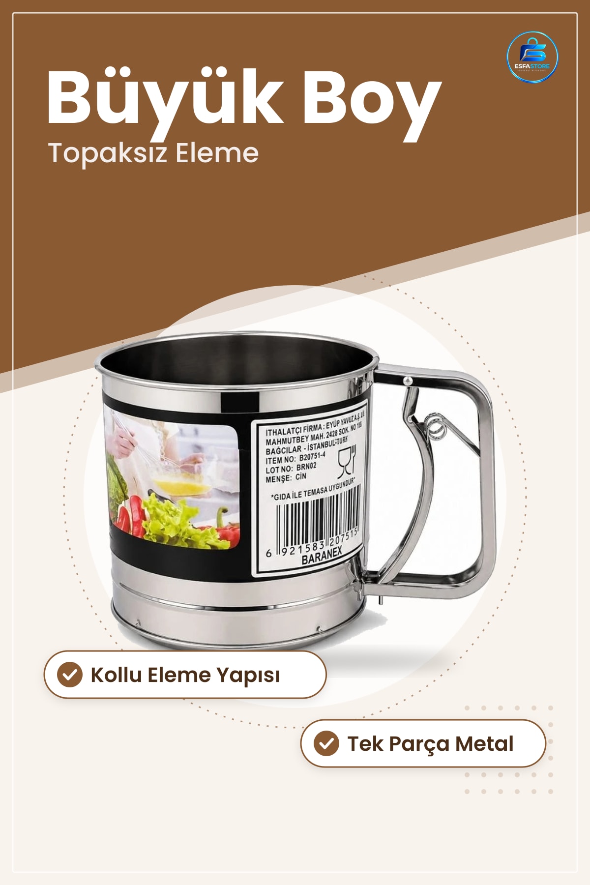 Un Eleği Büyük Boy Metal Kollu Elek Mutfak Topaksız Kuru Malzeme Eleme Aracı Yemek Hazırlık