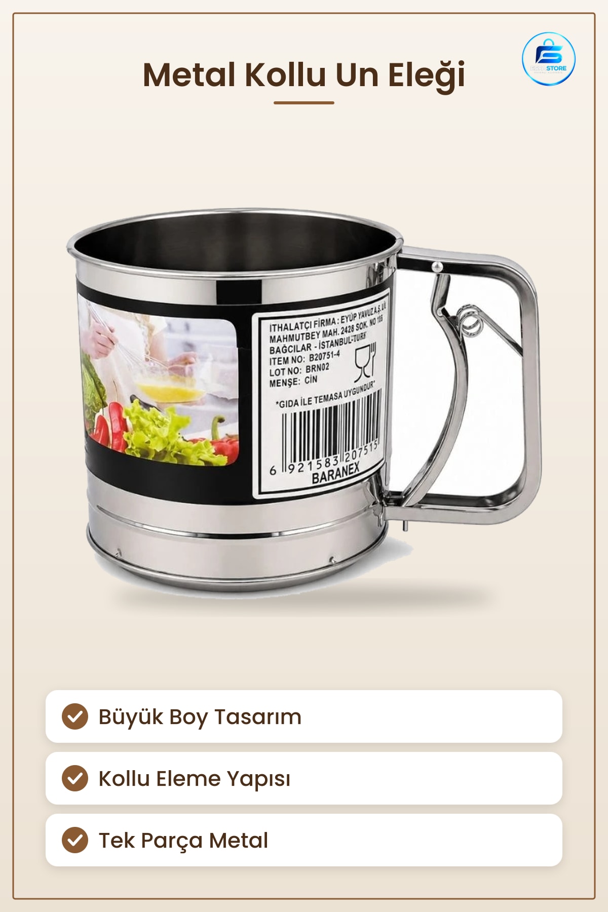 Un Eleği Büyük Boy Metal Kollu Elek Mutfak Topaksız Kuru Malzeme Eleme Aracı Yemek Hazırlık