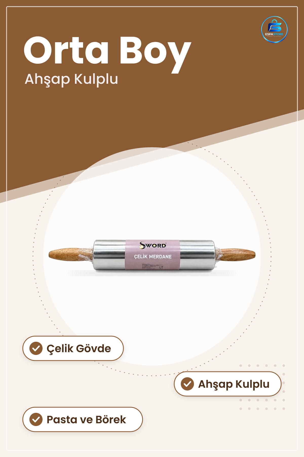 Çelik Hamur Merdanesi Orta Boy Ahşap Kulplu Paslanmaz Mutfak Oklava Pasta Börek Açma Pratik