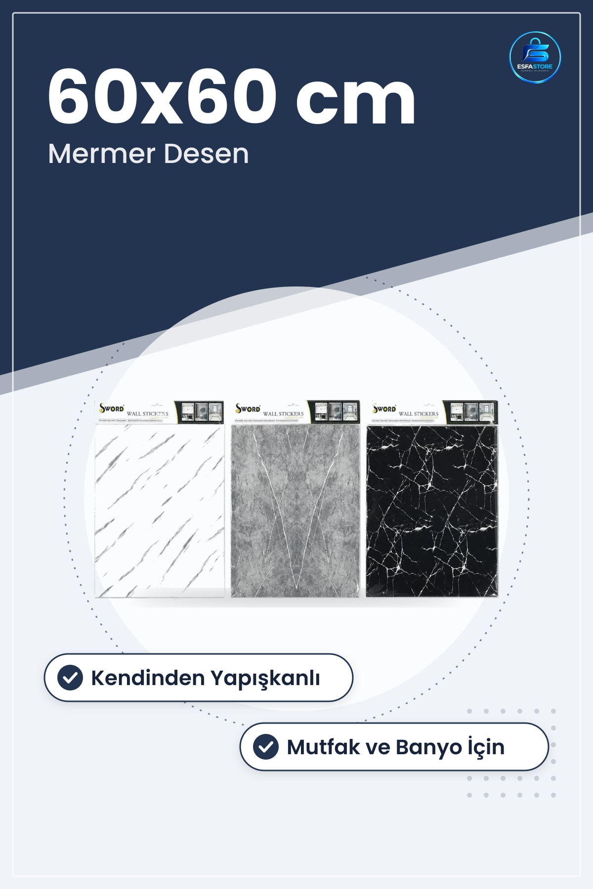 Duvar Sticker 60x60 cm Mermer Desenli Kendinden Yapışkanlı Mutfak Banyo Dekoratif Kaplama