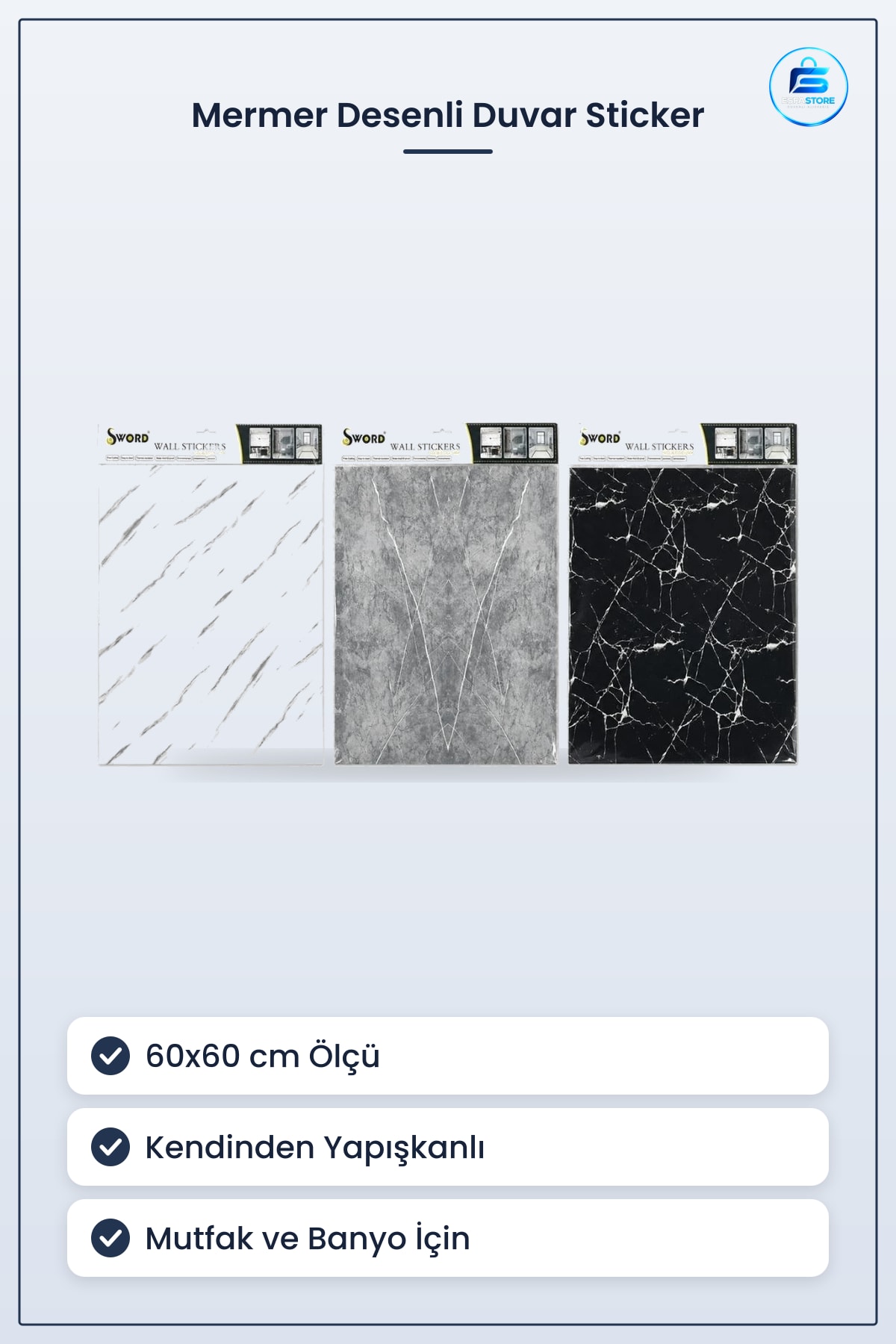 Duvar Sticker 60x60 cm Mermer Desenli Kendinden Yapışkanlı Mutfak Banyo Dekoratif Kaplama