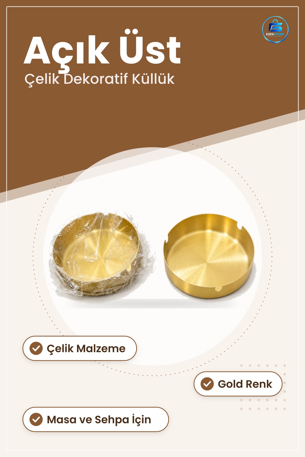 Küllük Gold Açık Üst Tasarım Çelik Dekoratif Ev Dekorasyon Masa Sigara Külü Kabı
