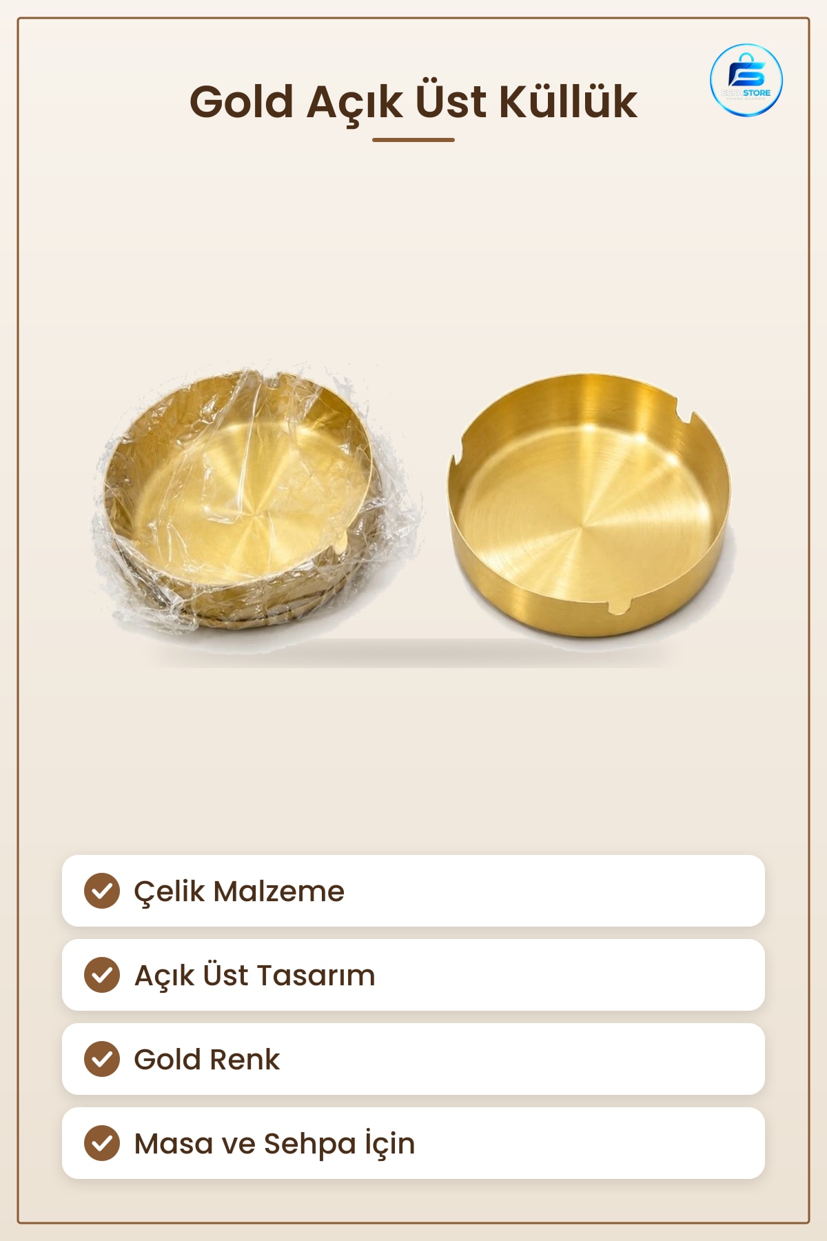 Küllük Gold Açık Üst Tasarım Çelik Dekoratif Ev Dekorasyon Masa Sigara Külü Kabı
