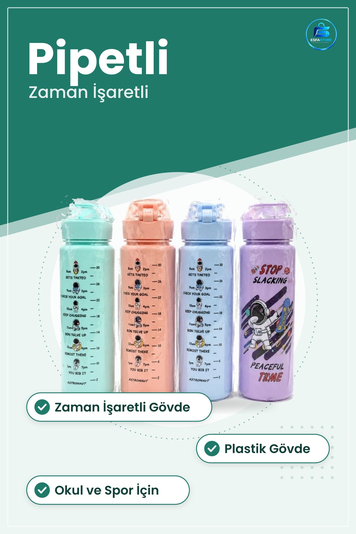 Spor Matara Zaman İşaretli Pipetli Kapaklı Astronot Desenli Günlük Kullanım Plastik Şişe
