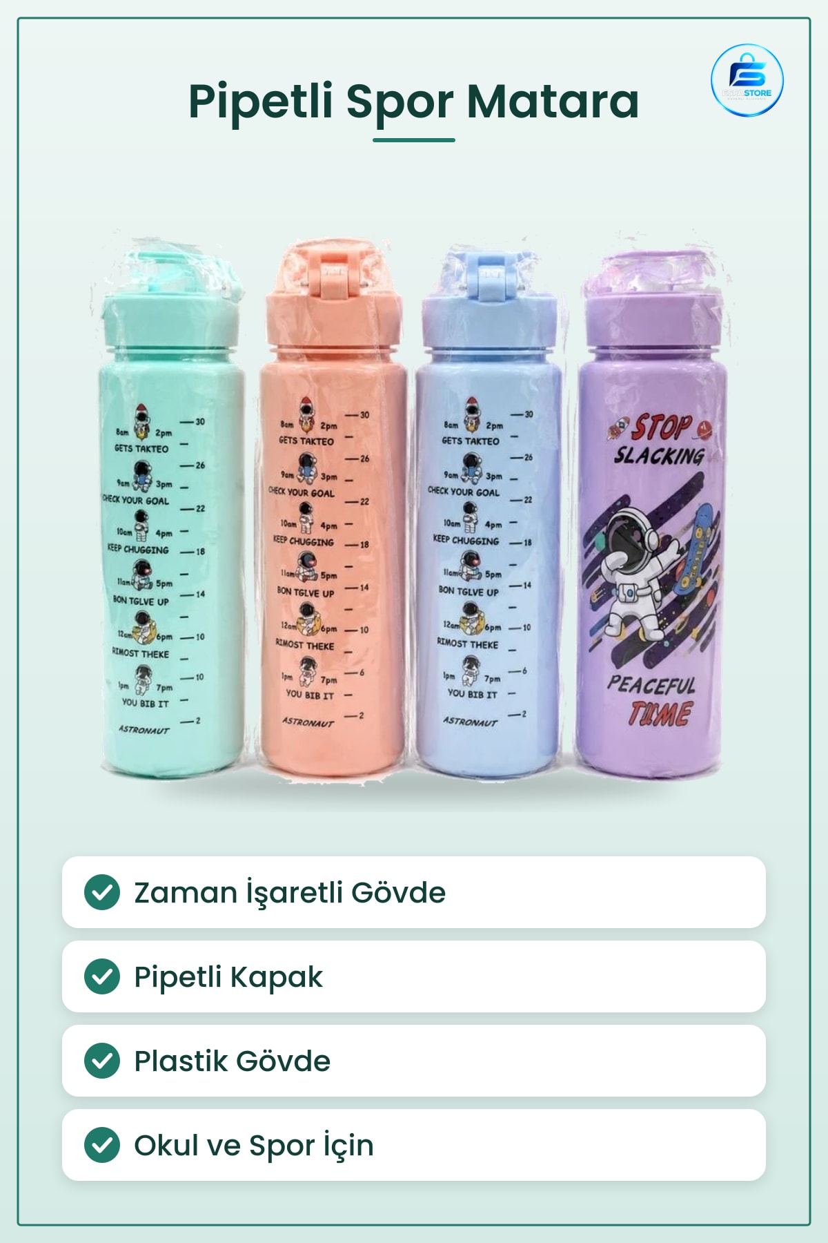 Spor Matara Zaman İşaretli Pipetli Kapaklı Astronot Desenli Günlük Kullanım Plastik Şişe