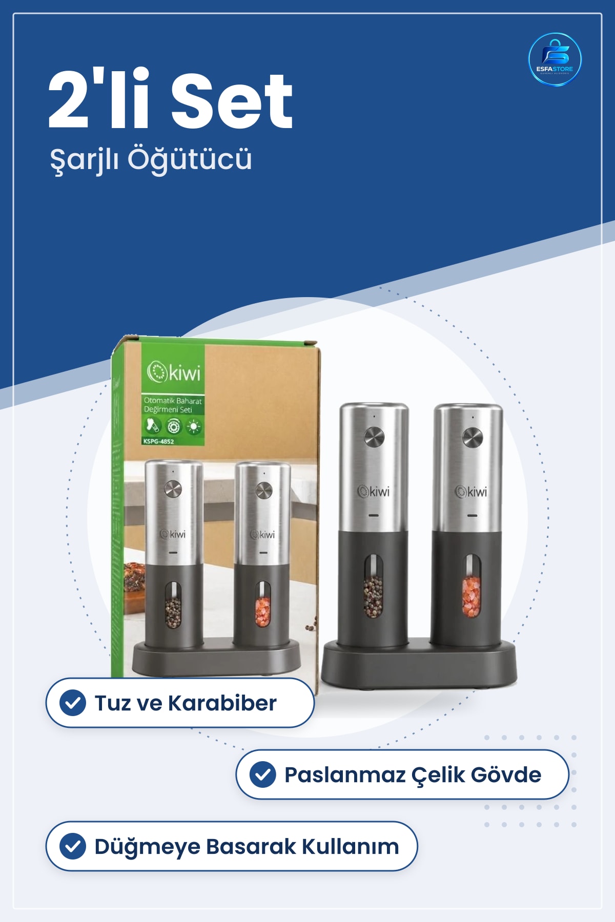 Şarjlı Paslanmaz Baharat Öğütücü 2'li Set Elektrikli Tuz ve Karabiber Değirmeni Mutfak Kullanımı