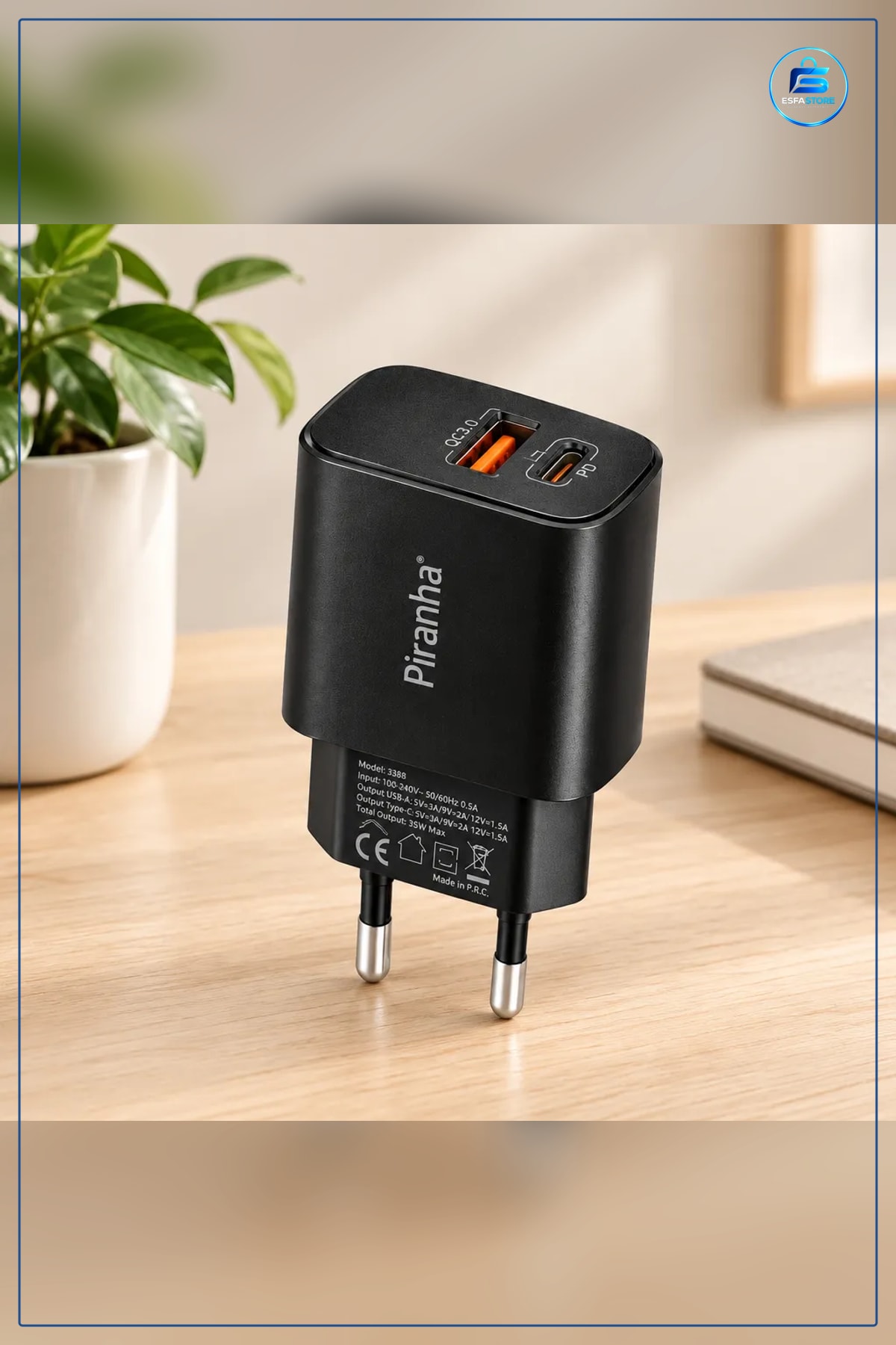 Şarj Aleti 18W 3.0A Hızlı USB A ve C PD Çıkışlı Siyah Ev Tipi Duvar Adaptörü Seyahat