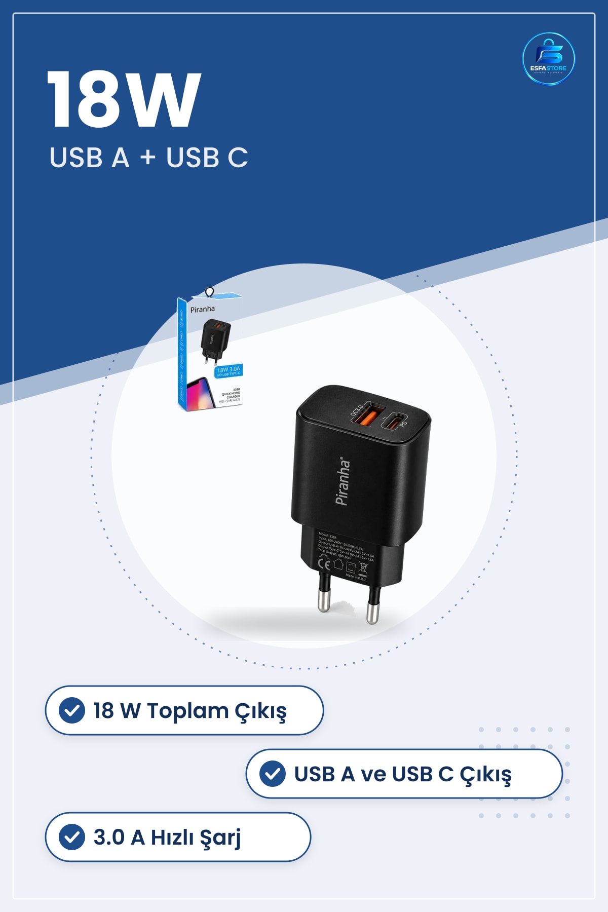 Şarj Aleti 18W 3.0A Hızlı USB A ve C PD Çıkışlı Siyah Ev Tipi Duvar Adaptörü Seyahat