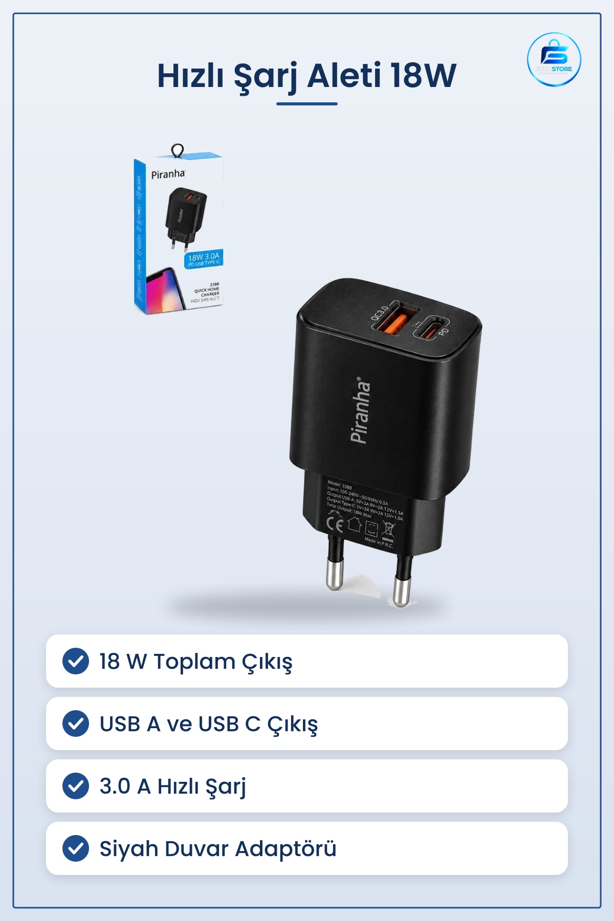 Şarj Aleti 18W 3.0A Hızlı USB A ve C PD Çıkışlı Siyah Ev Tipi Duvar Adaptörü Seyahat