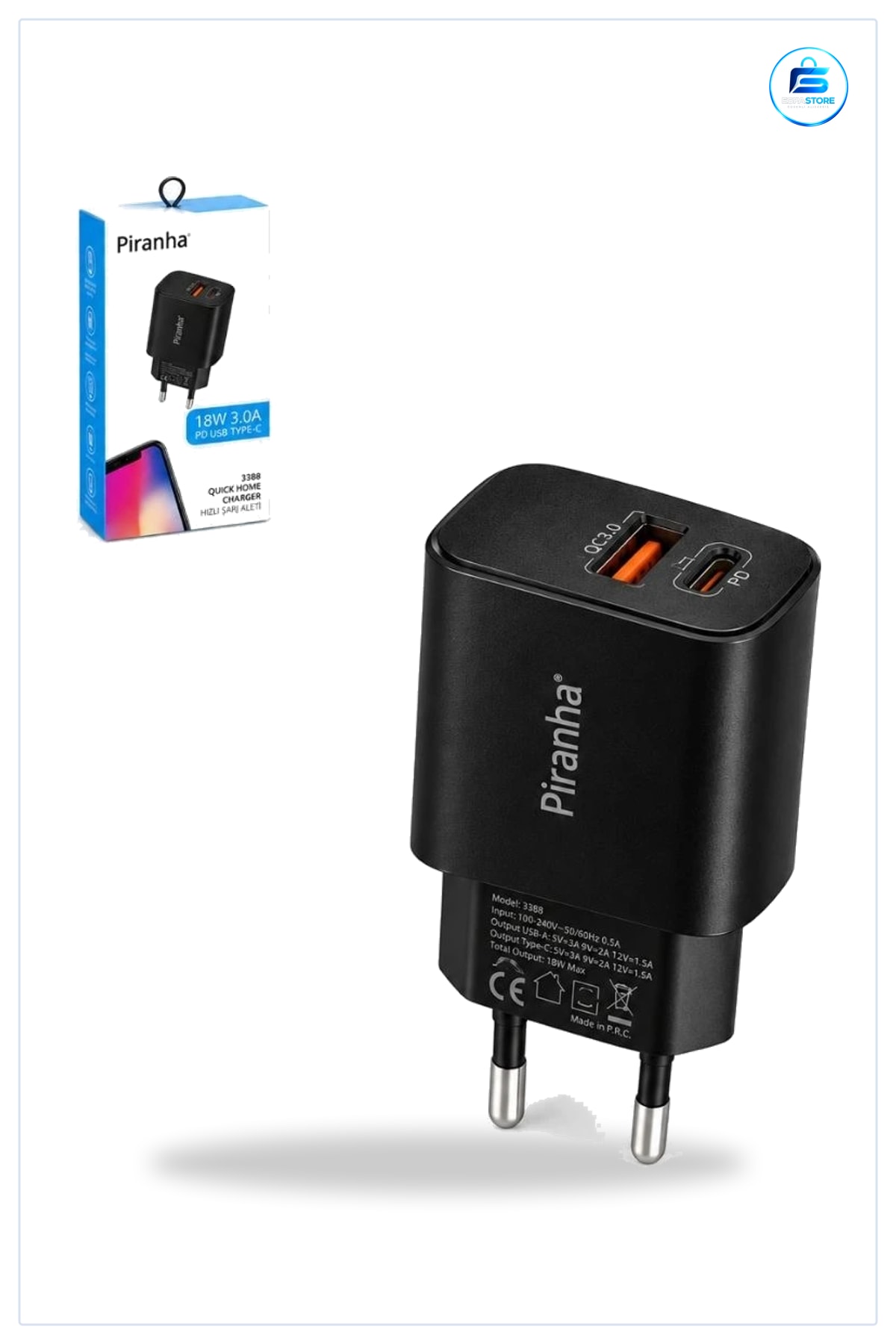 Şarj Aleti 18W 3.0A Hızlı USB A ve C PD Çıkışlı Siyah Ev Tipi Duvar Adaptörü Seyahat