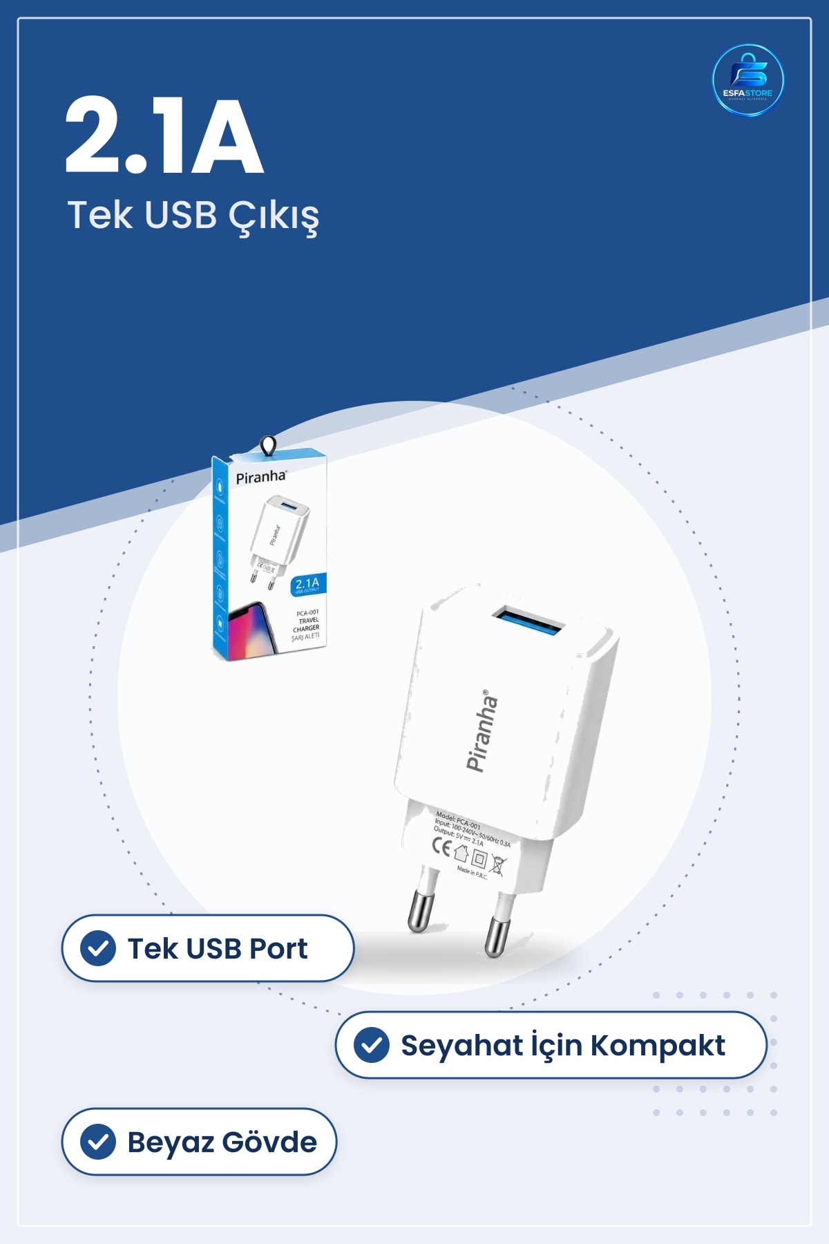 Şarj Aleti USB Çıkışlı 5V 2.1A Seyahat Duvar Adaptörü Telefon Uyumlu Beyaz Tek Port