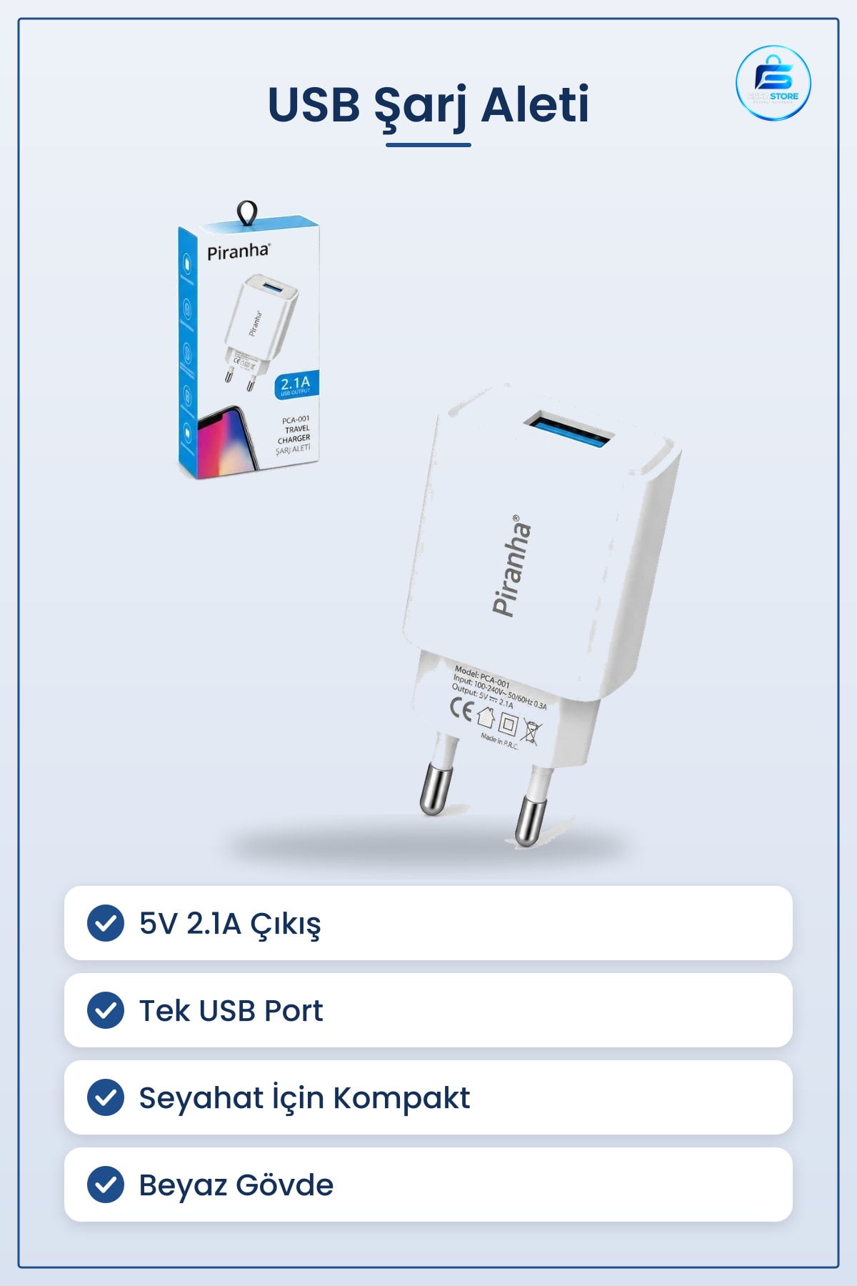 Şarj Aleti USB Çıkışlı 5V 2.1A Seyahat Duvar Adaptörü Telefon Uyumlu Beyaz Tek Port