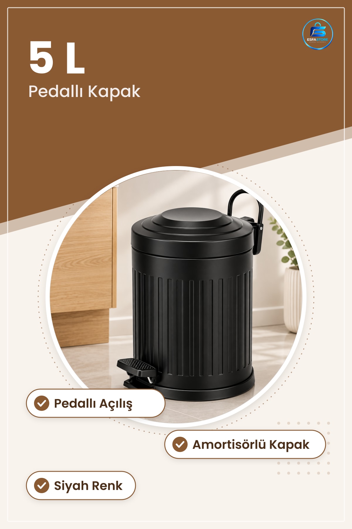 Çöp Kovası Siyah Amortisörlü 5 L Pedallı Kapaklı Banyo Mutfak Ev Kullanımı Pratik