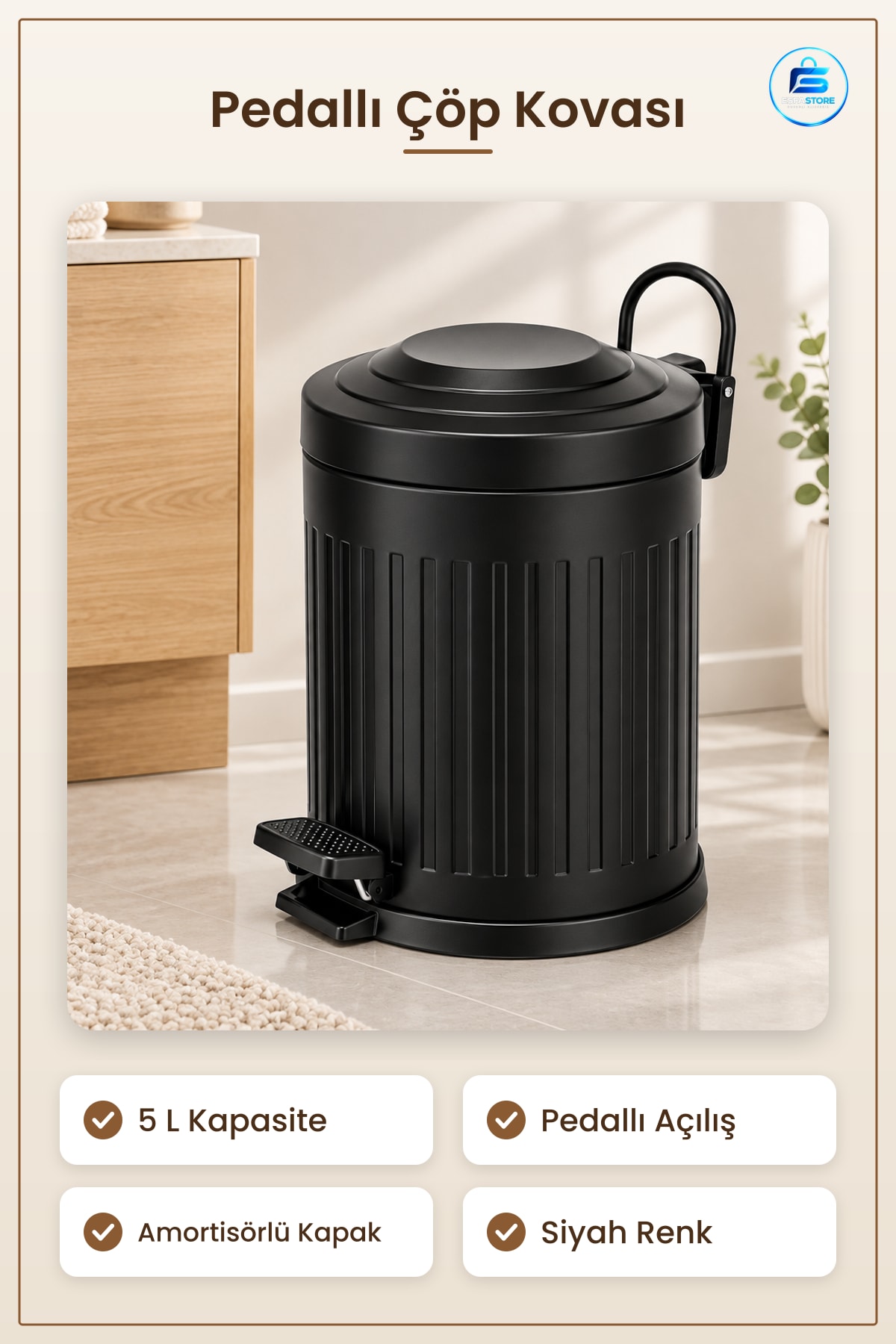 Çöp Kovası Siyah Amortisörlü 5 L Pedallı Kapaklı Banyo Mutfak Ev Kullanımı Pratik