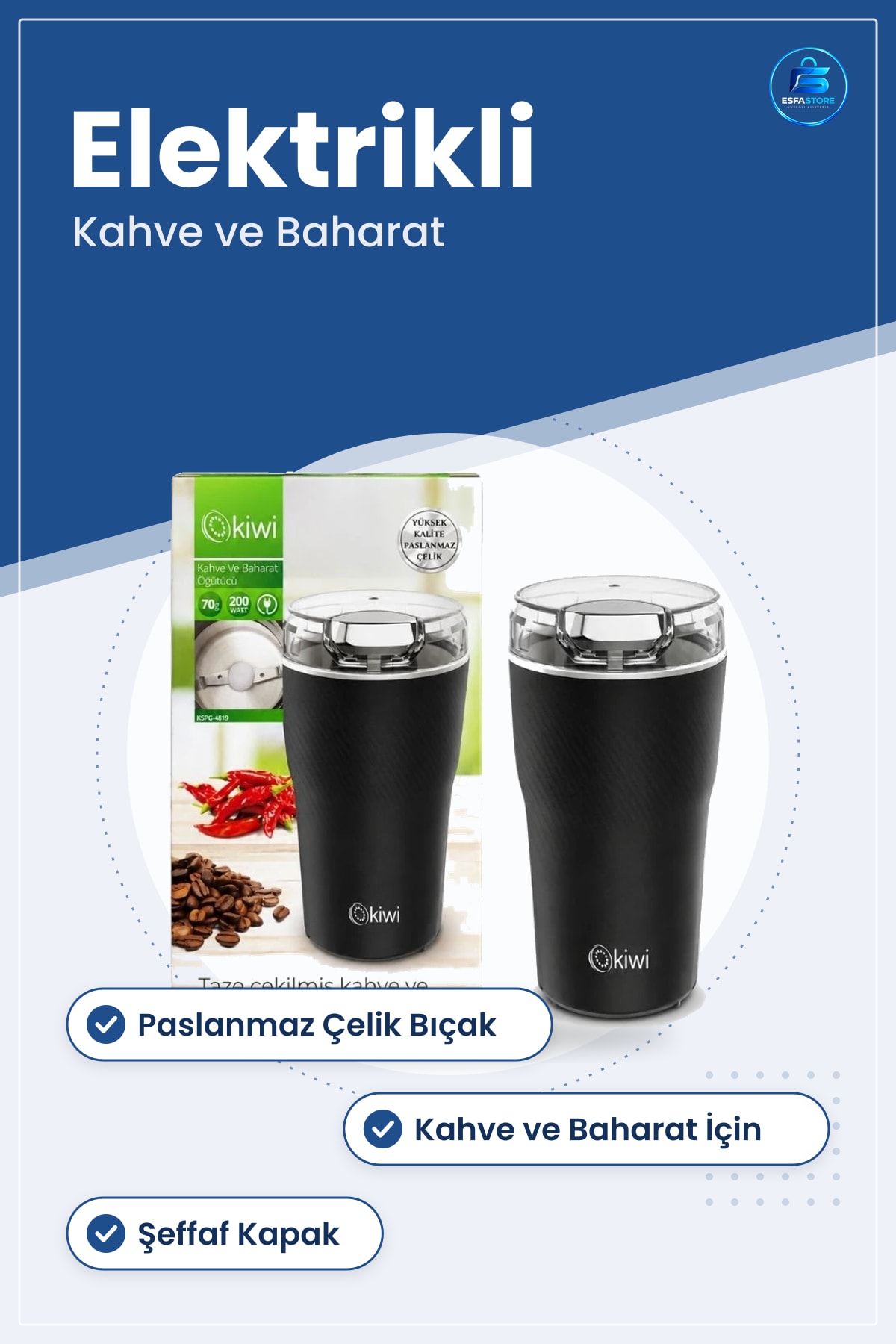 Kahve ve Baharat Öğütücü Elektrikli Paslanmaz Çelik Bıçaklı Mutfak Öğütme Makinesi Ev