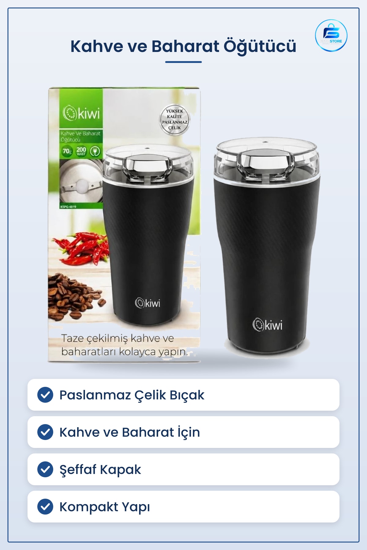 Kahve ve Baharat Öğütücü Elektrikli Paslanmaz Çelik Bıçaklı Mutfak Öğütme Makinesi Ev