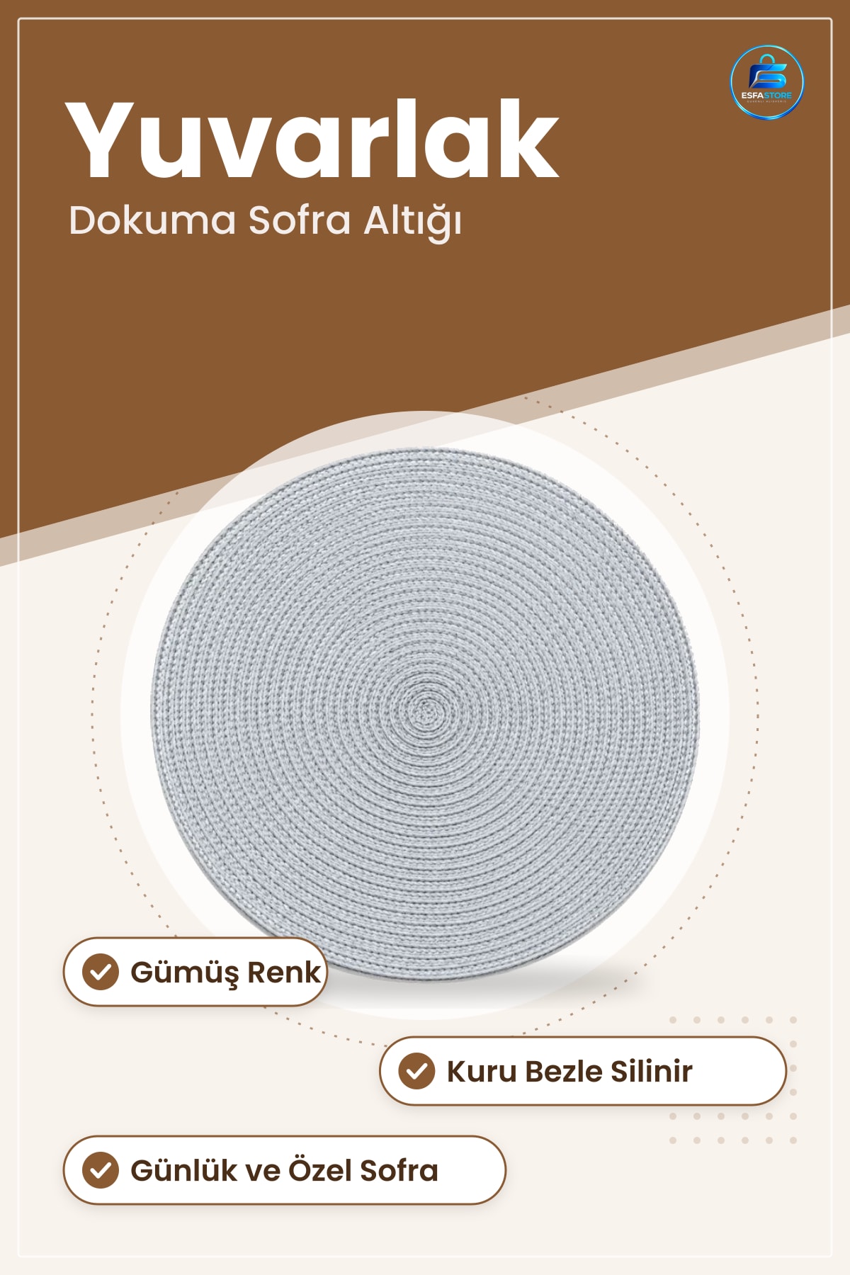 Amerikan Servis Gümüş Yuvarlak Dokuma Sofra Altığı Mutfak Yemek Masası Dekorasyon
