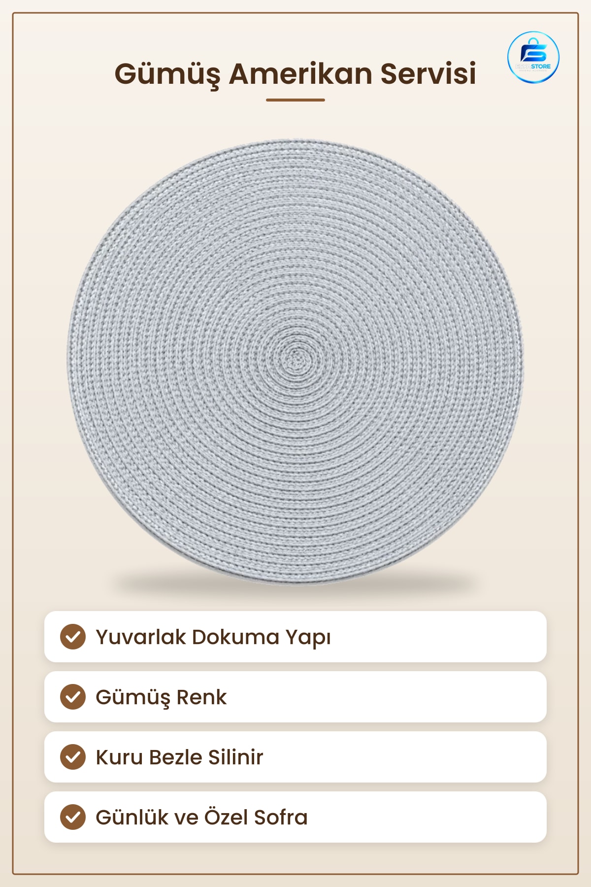 Amerikan Servis Gümüş Yuvarlak Dokuma Sofra Altığı Mutfak Yemek Masası Dekorasyon