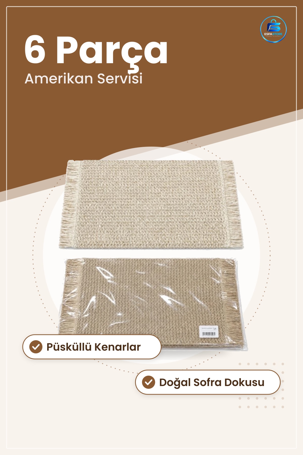 Hasır Görünümlü Amerikan Servis Seti 6 Parça Püsküllü Masa Örtüsü Runner Yemek Sofra Dekoru Doğal