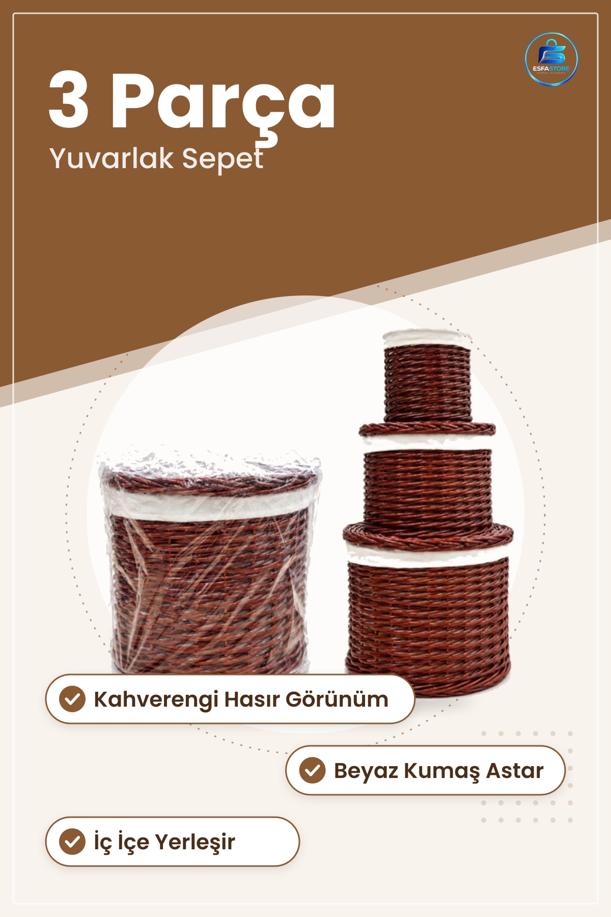 Hasır Sepet Seti 3 Parça Yuvarlak Kahverengi Depolama Düzenleyici Ev Mutfak Banyo Sepeti
