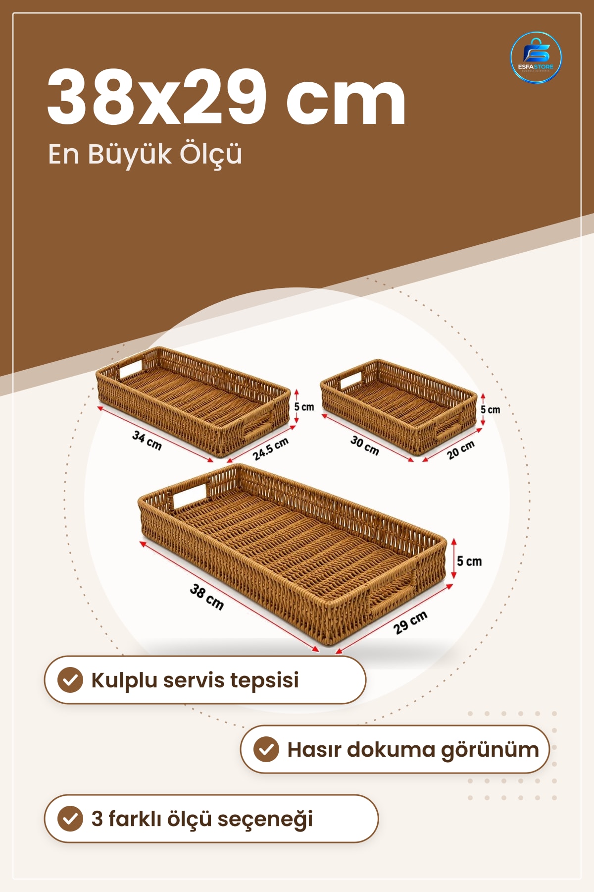 Hasır Dörtgen Tepsi Kulplu Mutfak Servis Sunum Sofra Dekoratif Ev Aksesuarı Örgülü