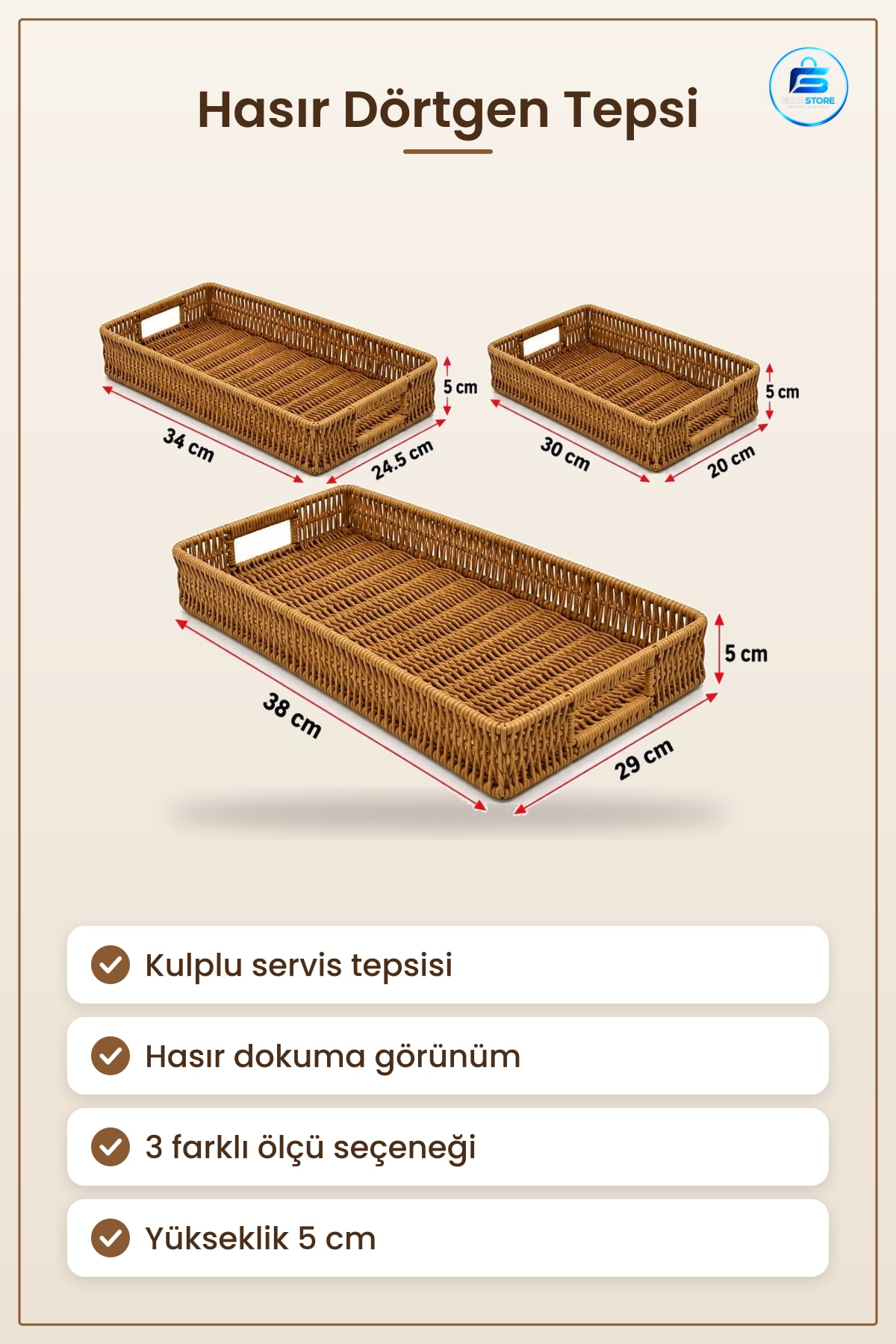 Hasır Dörtgen Tepsi Kulplu Mutfak Servis Sunum Sofra Dekoratif Ev Aksesuarı Örgülü