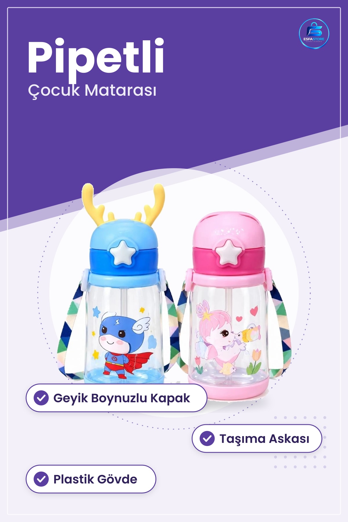 Geyik Boynuzlu Matara Çocuk Suluk Pipetli Asklı Kapaklı Plastik Şişe Okul Beslenme