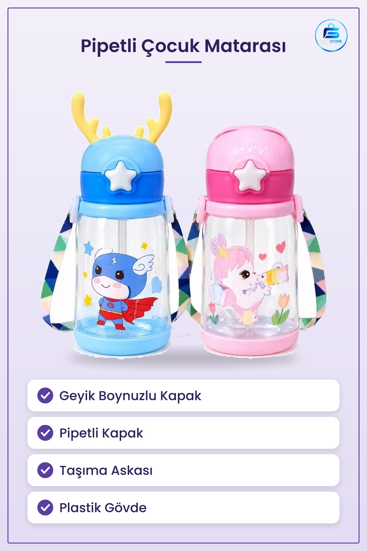 Geyik Boynuzlu Matara Çocuk Suluk Pipetli Asklı Kapaklı Plastik Şişe Okul Beslenme