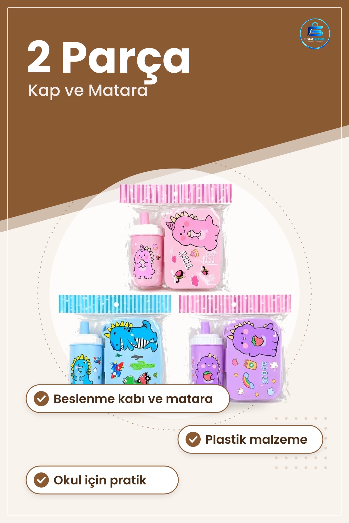 Beslenme Kabı ve Matara Seti Çocuklar İçin Okul Dinozor Desenli Plastik Yemek Saklama