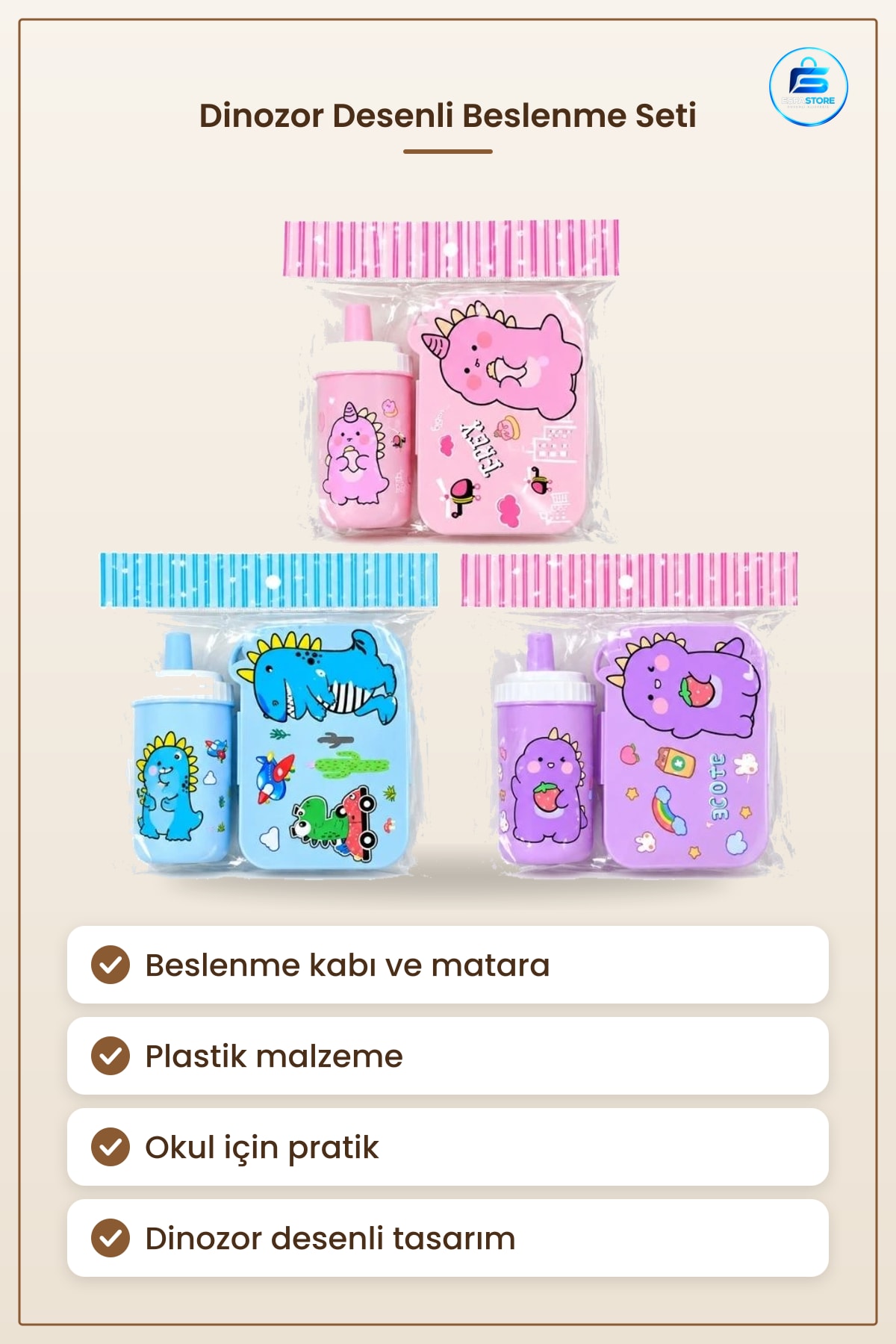 Beslenme Kabı ve Matara Seti Çocuklar İçin Okul Dinozor Desenli Plastik Yemek Saklama