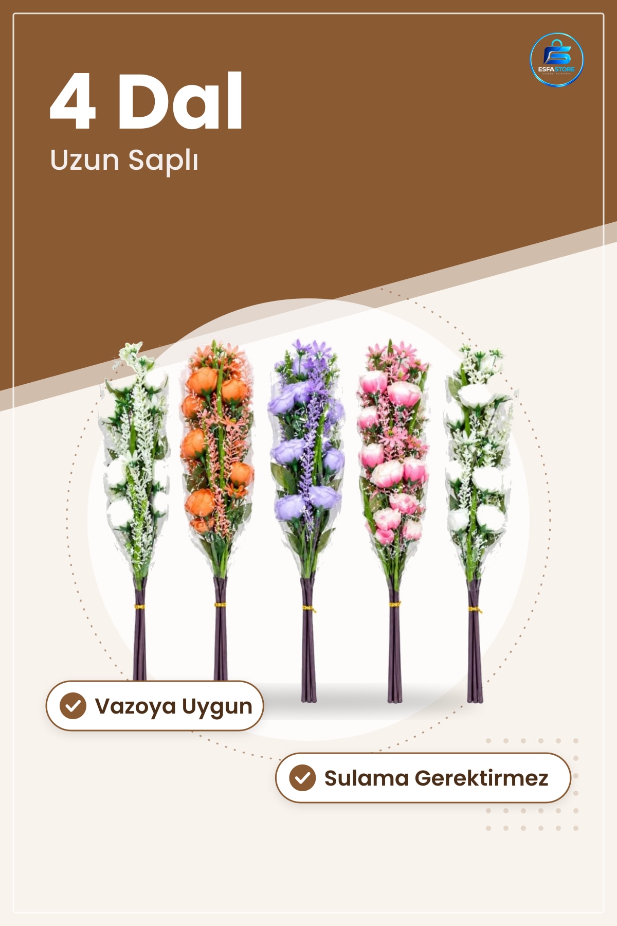 Yapay Çiçek 4 Dal Dekoratif Ev Dekorasyonu Salon Masa Vazo Süsü Buket Demeti Uzun Saplı
