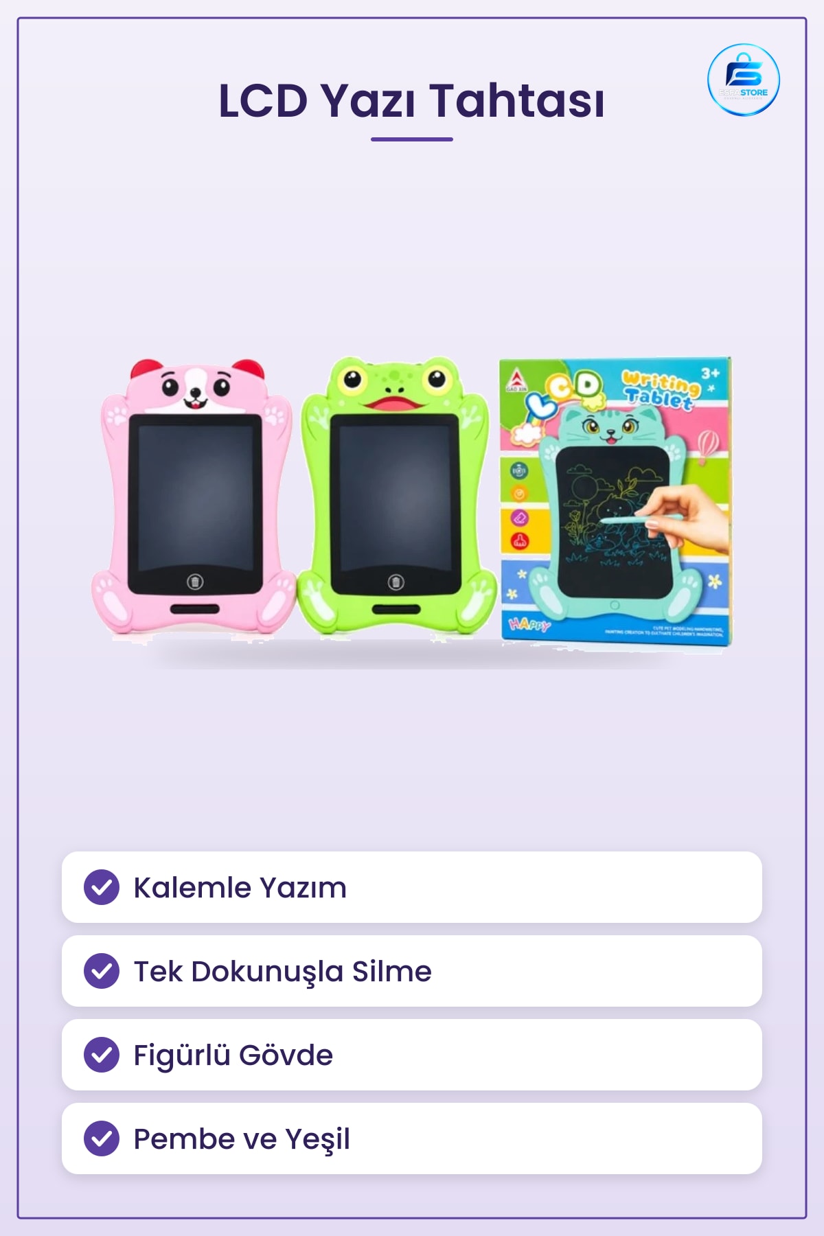 LCD Yazı Tahtası Çocuk Figürlü Dijital Çizim Tableti Pembe Yeşil Kedi Silinebilir Eğlence Öğrenme
