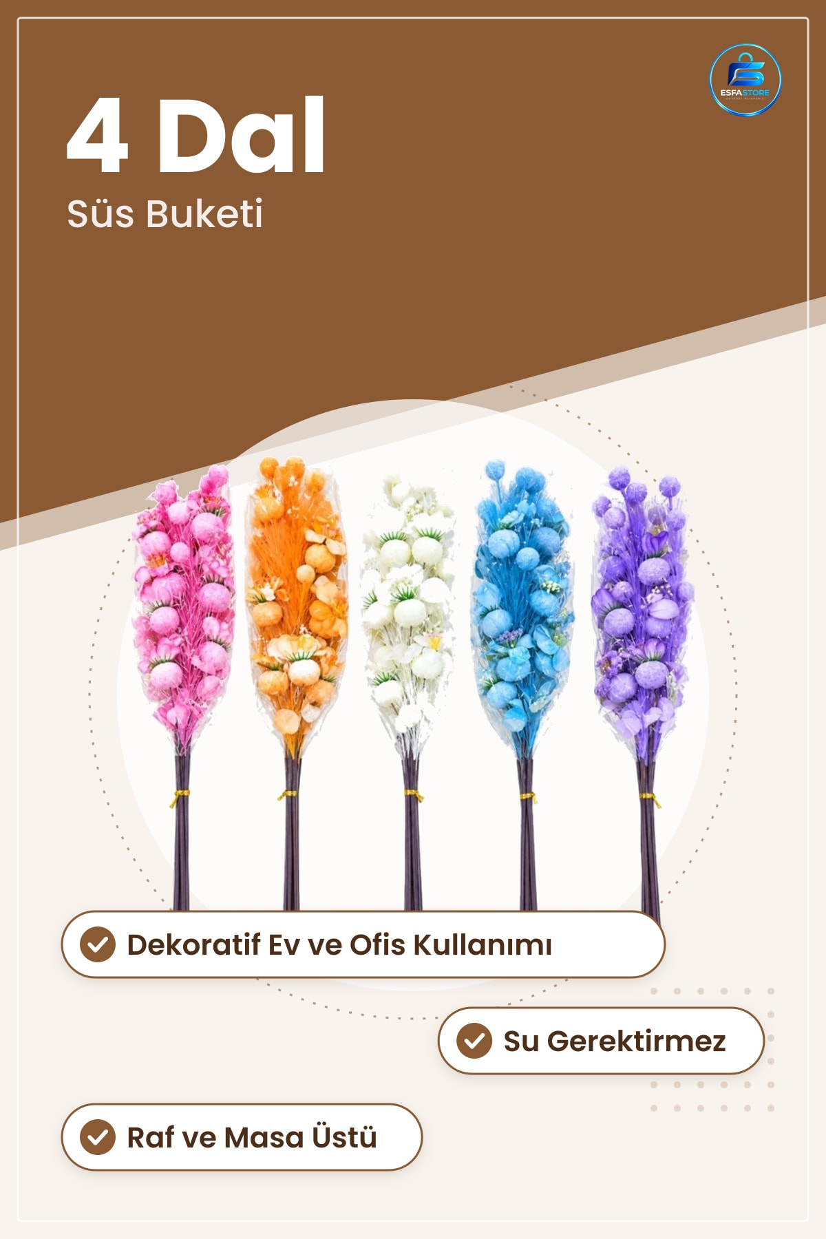 Yapay Çiçek 4 Dal Dekoratif Ev ve Ofis Dekorasyonu İçin Süs Buketi Salon Oda Dekoru