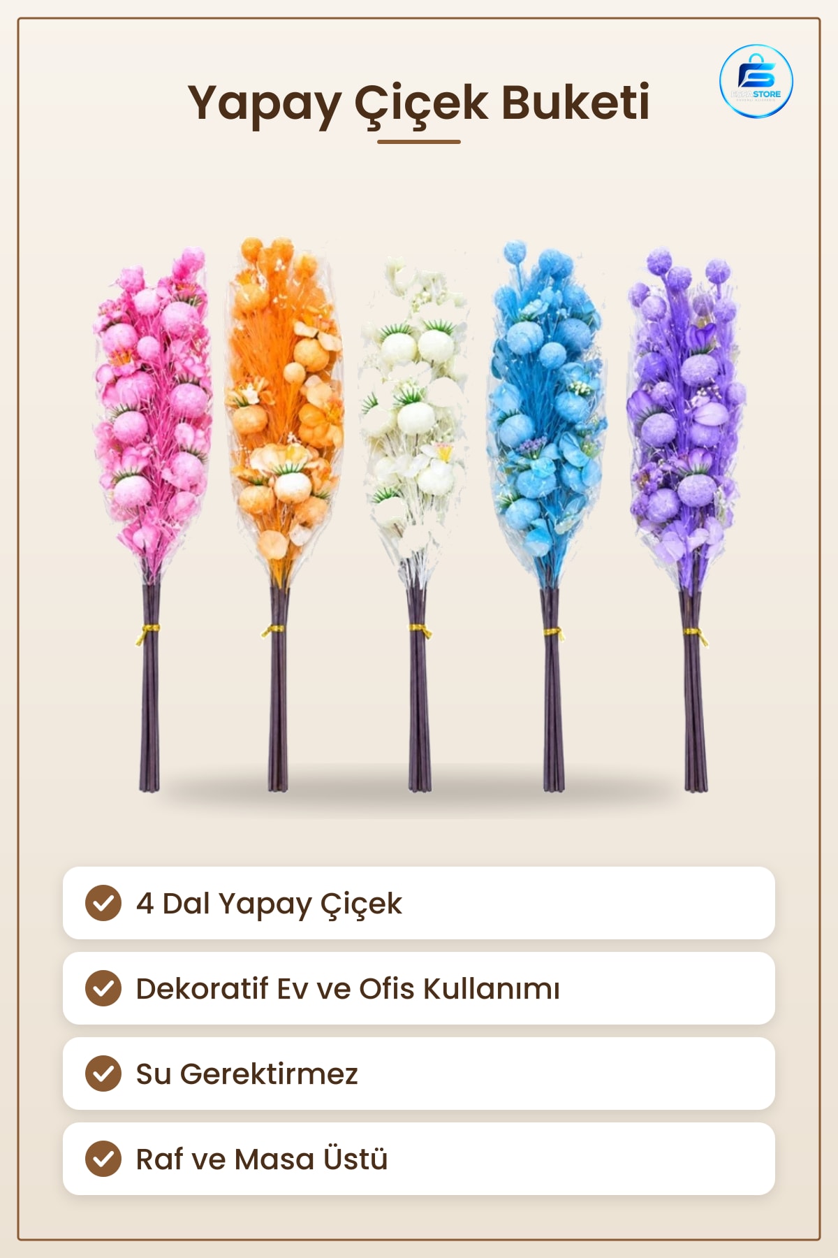 Yapay Çiçek 4 Dal Dekoratif Ev ve Ofis Dekorasyonu İçin Süs Buketi Salon Oda Dekoru