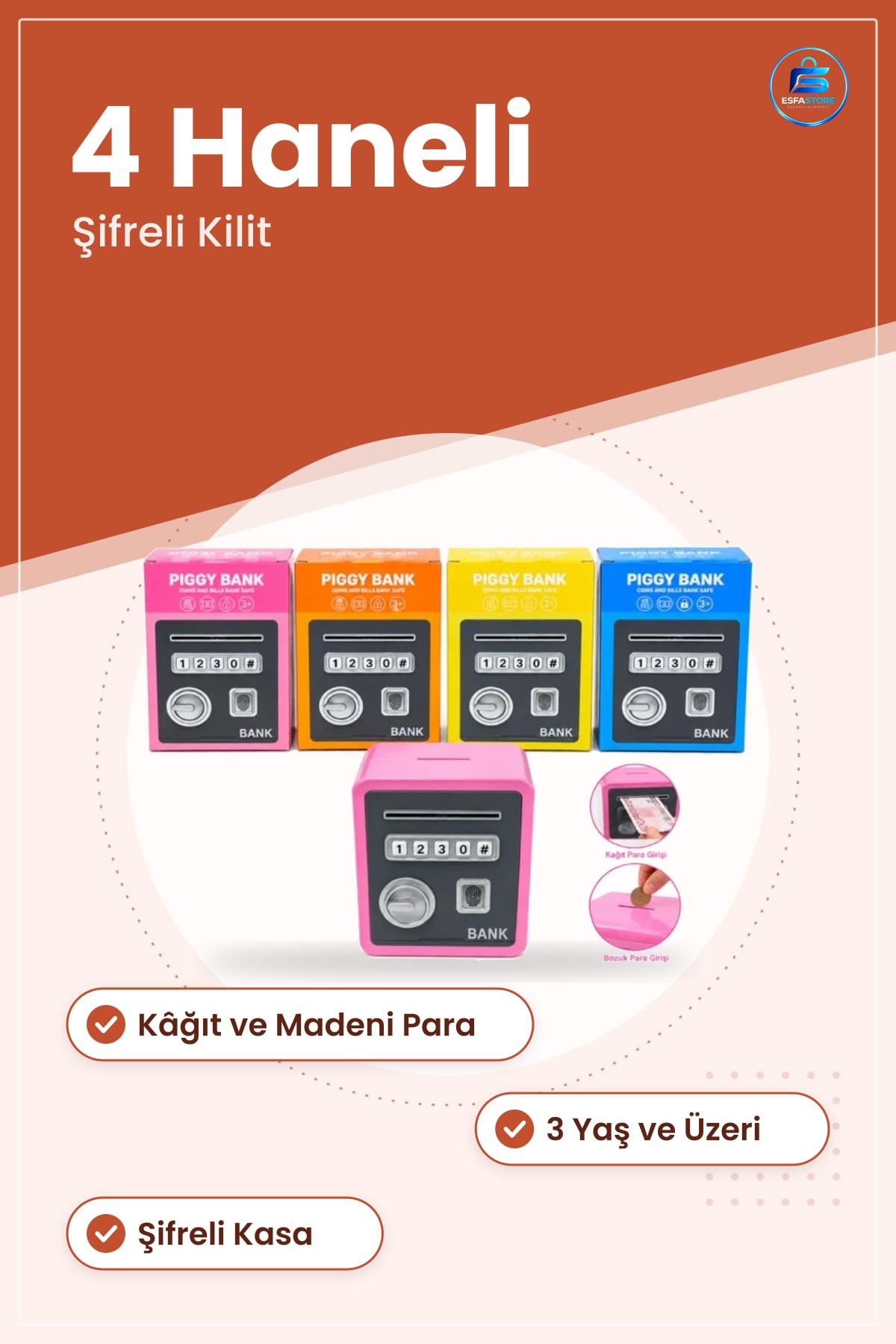 Elektronik Kumbara 4 Haneli Şifreli Kasa Kağıt ve Madeni Para Girişli Çocuk Hediyelik