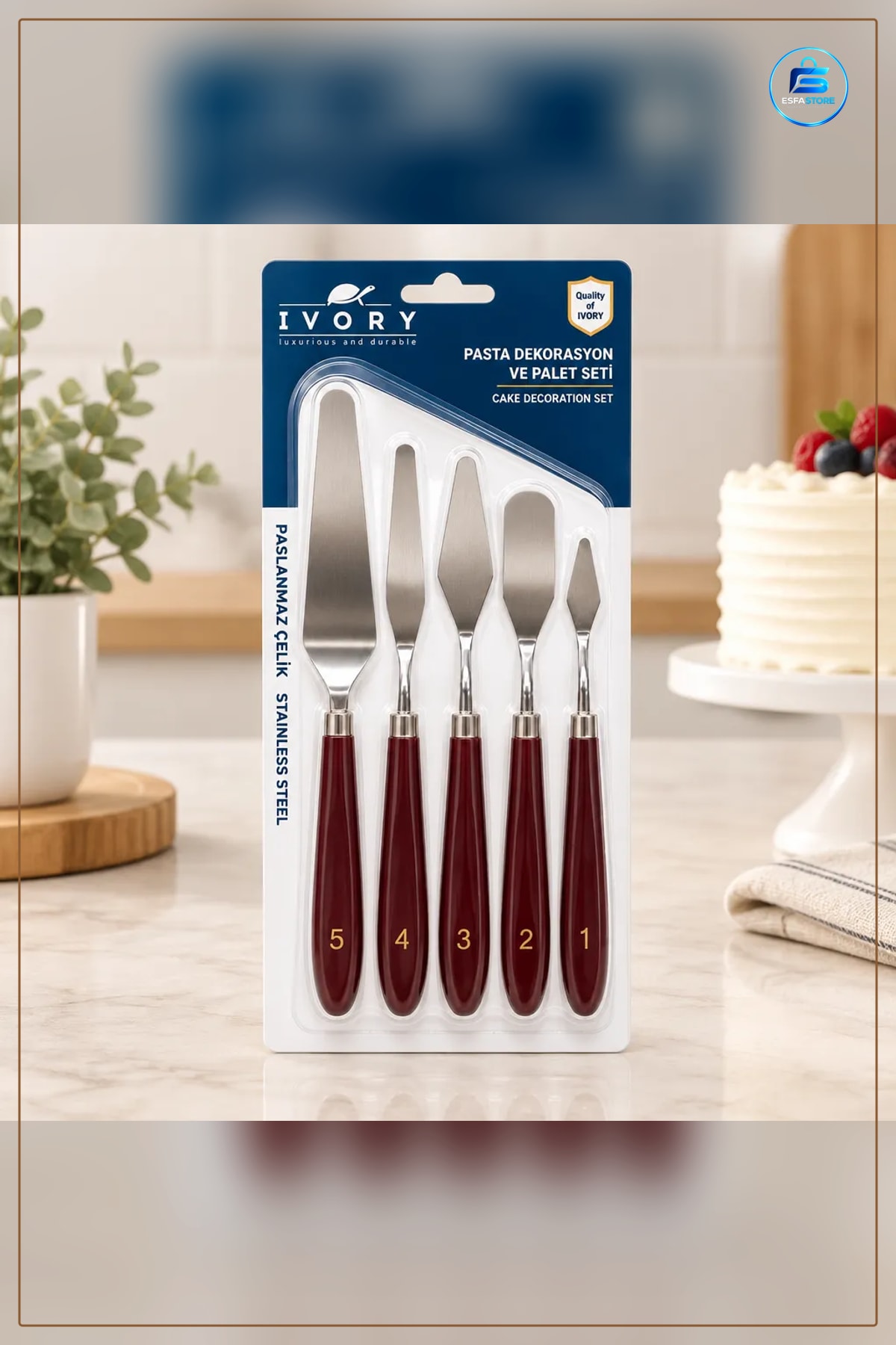 Pasta Spatulası Seti 5 Parça Paslanmaz Çelik Kahverengi Saplı Krema Palet Dekorasyon Kek Yapım