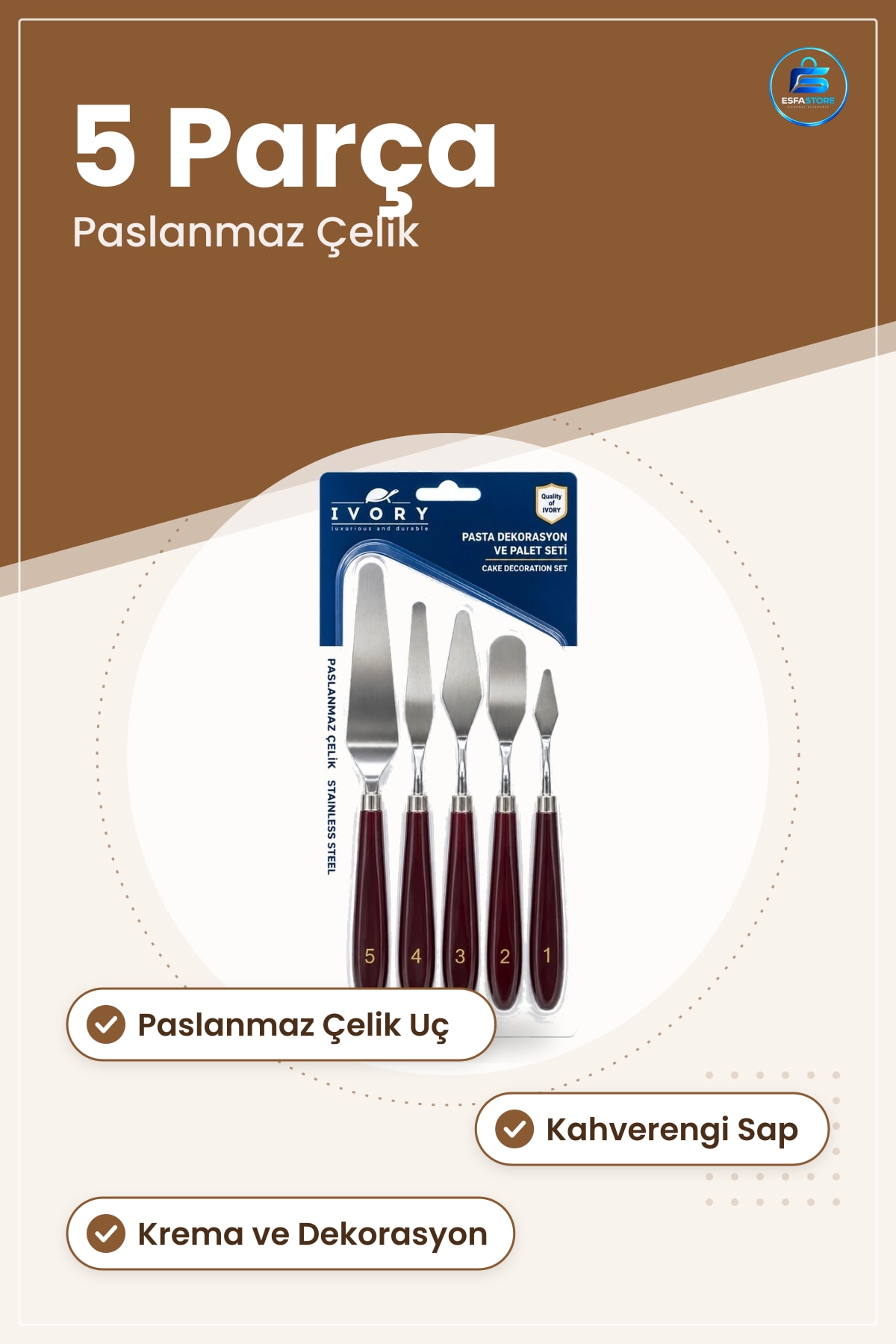 Pasta Spatulası Seti 5 Parça Paslanmaz Çelik Kahverengi Saplı Krema Palet Dekorasyon Kek Yapım