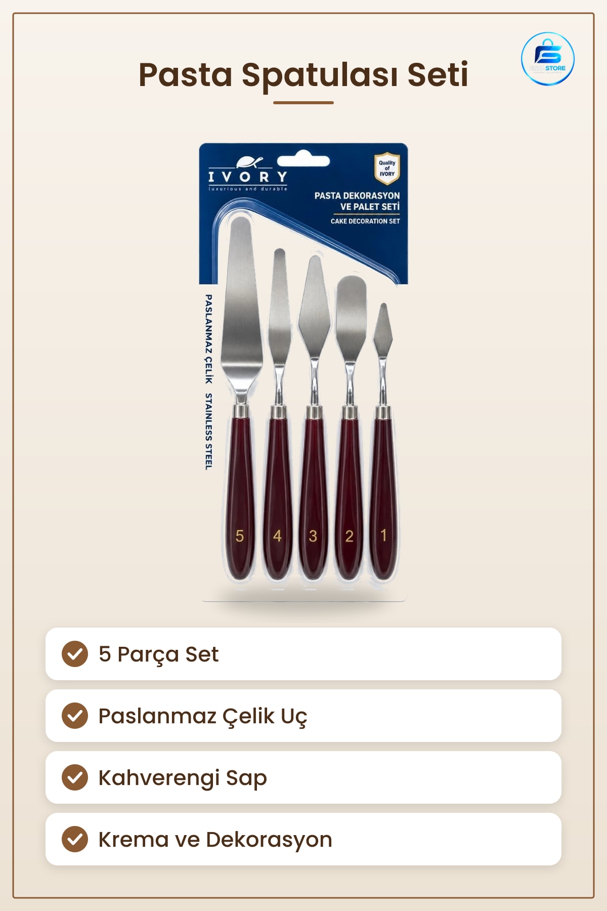 Pasta Spatulası Seti 5 Parça Paslanmaz Çelik Kahverengi Saplı Krema Palet Dekorasyon Kek Yapım