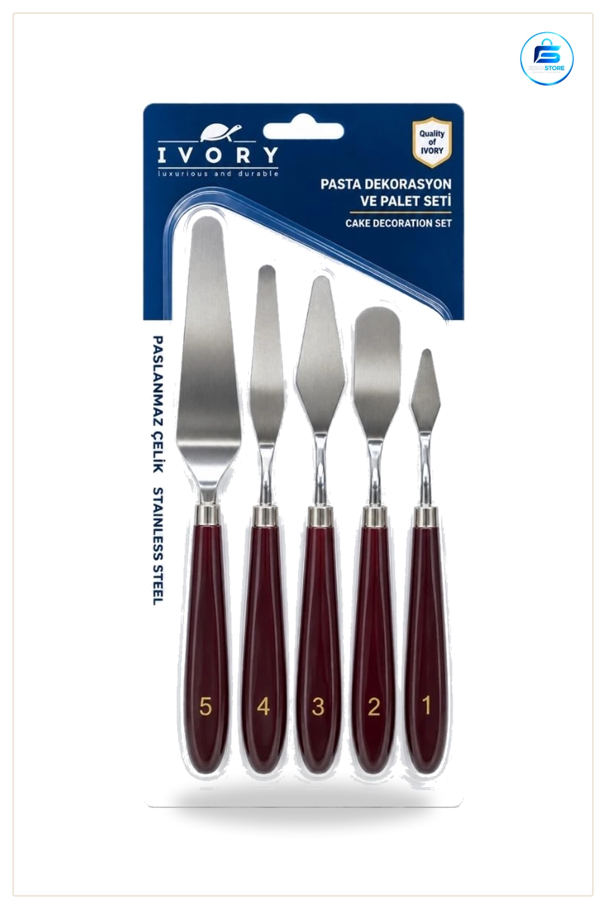 Pasta Spatulası Seti 5 Parça Paslanmaz Çelik Kahverengi Saplı Krema Palet Dekorasyon Kek Yapım