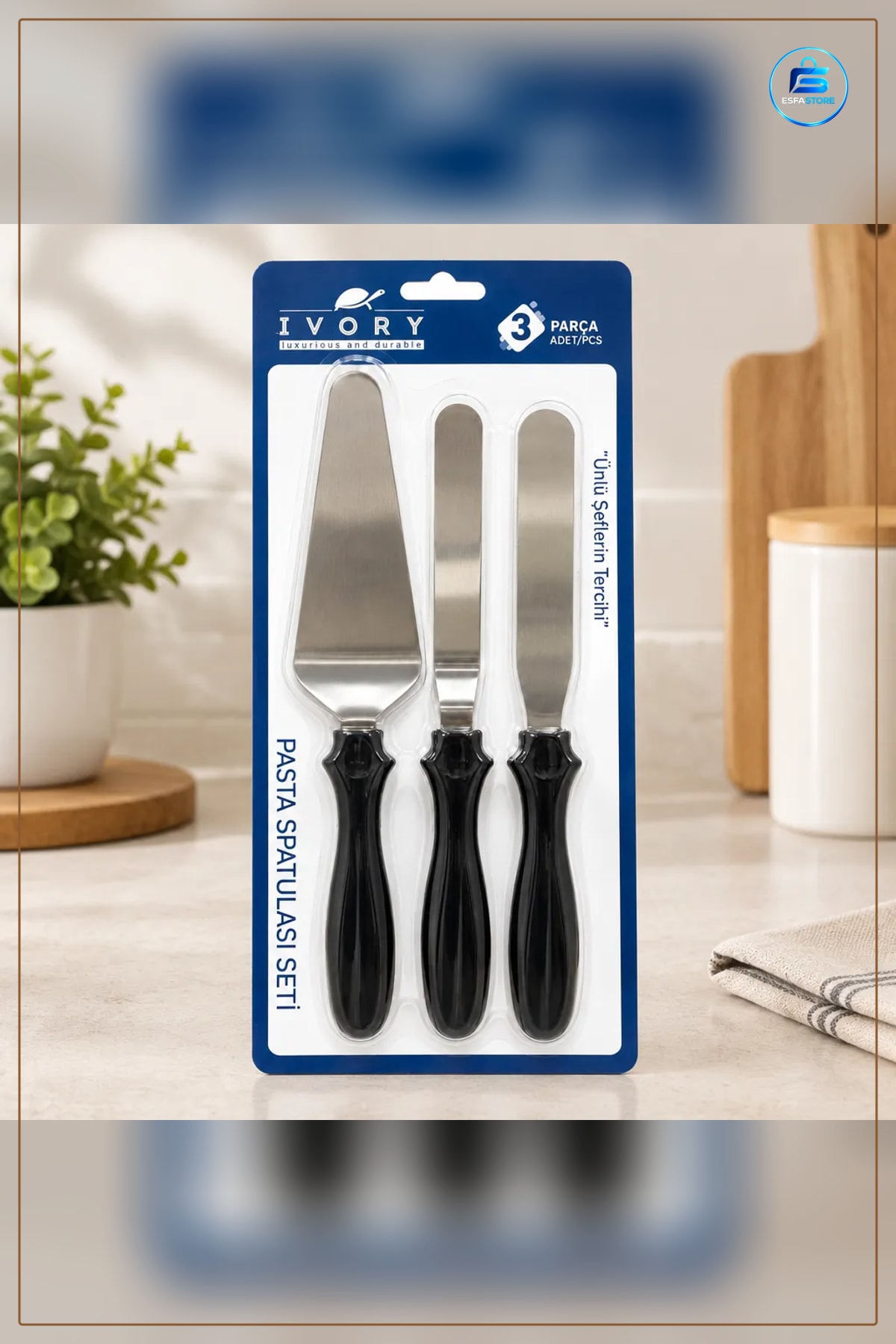 Pasta Spatulası Seti 3 Parça Paslanmaz Çelik Siyah Saplı Krema Yayıcı Kek Servis Mutfak Hazırlık