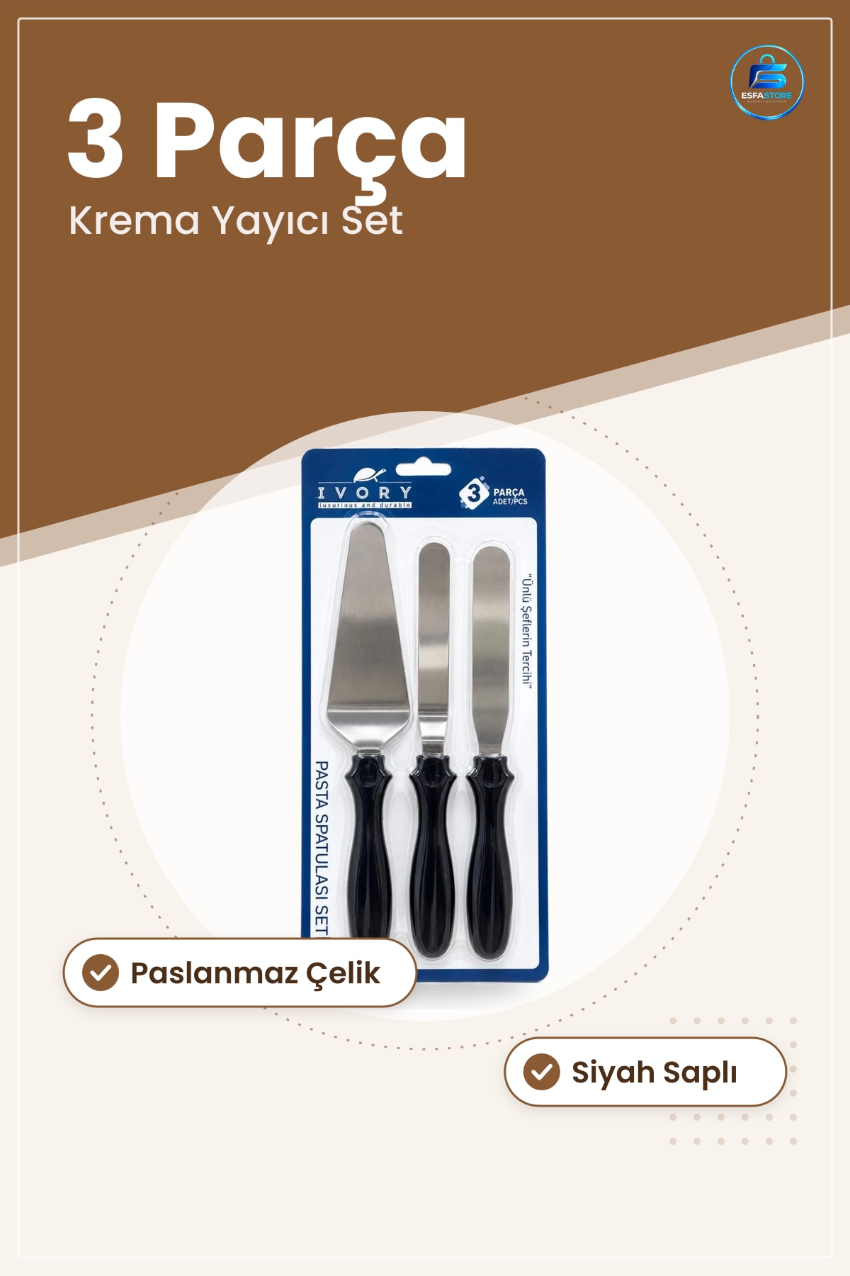 Pasta Spatulası Seti 3 Parça Paslanmaz Çelik Siyah Saplı Krema Yayıcı Kek Servis Mutfak Hazırlık