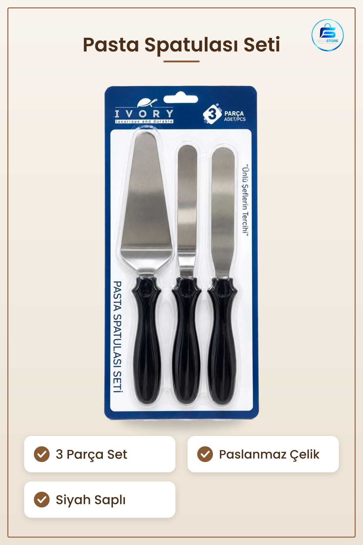 Pasta Spatulası Seti 3 Parça Paslanmaz Çelik Siyah Saplı Krema Yayıcı Kek Servis Mutfak Hazırlık