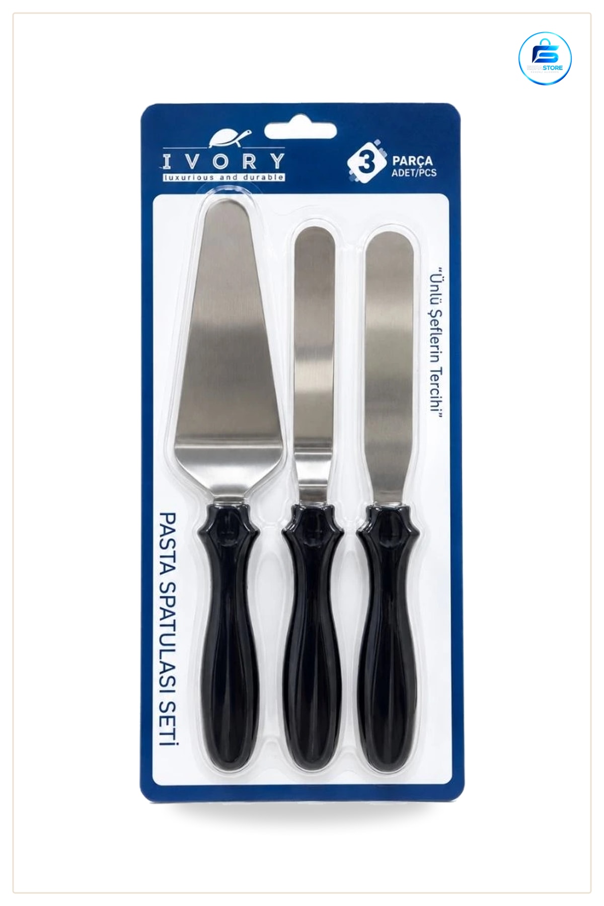 Pasta Spatulası Seti 3 Parça Paslanmaz Çelik Siyah Saplı Krema Yayıcı Kek Servis Mutfak Hazırlık