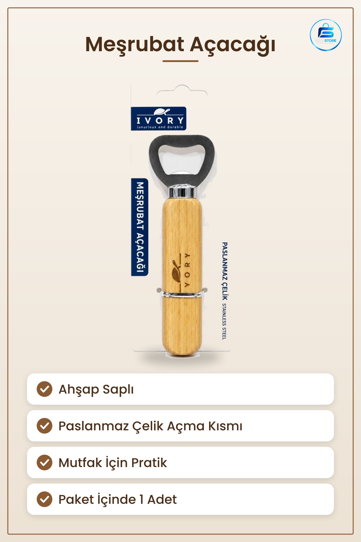 Meşrubat Açacağı Ahşap Saplı Paslanmaz Çelik Kapak Açma Aparatı Mutfak Pratik Kullanım Hediyelik
