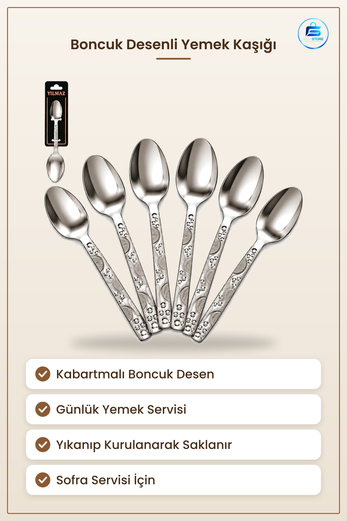 Boncuk Yemek Kaşığı Kabartmalı Desenli Sofra Servis Mutfak Günlük Kullanım Ev Sofrası