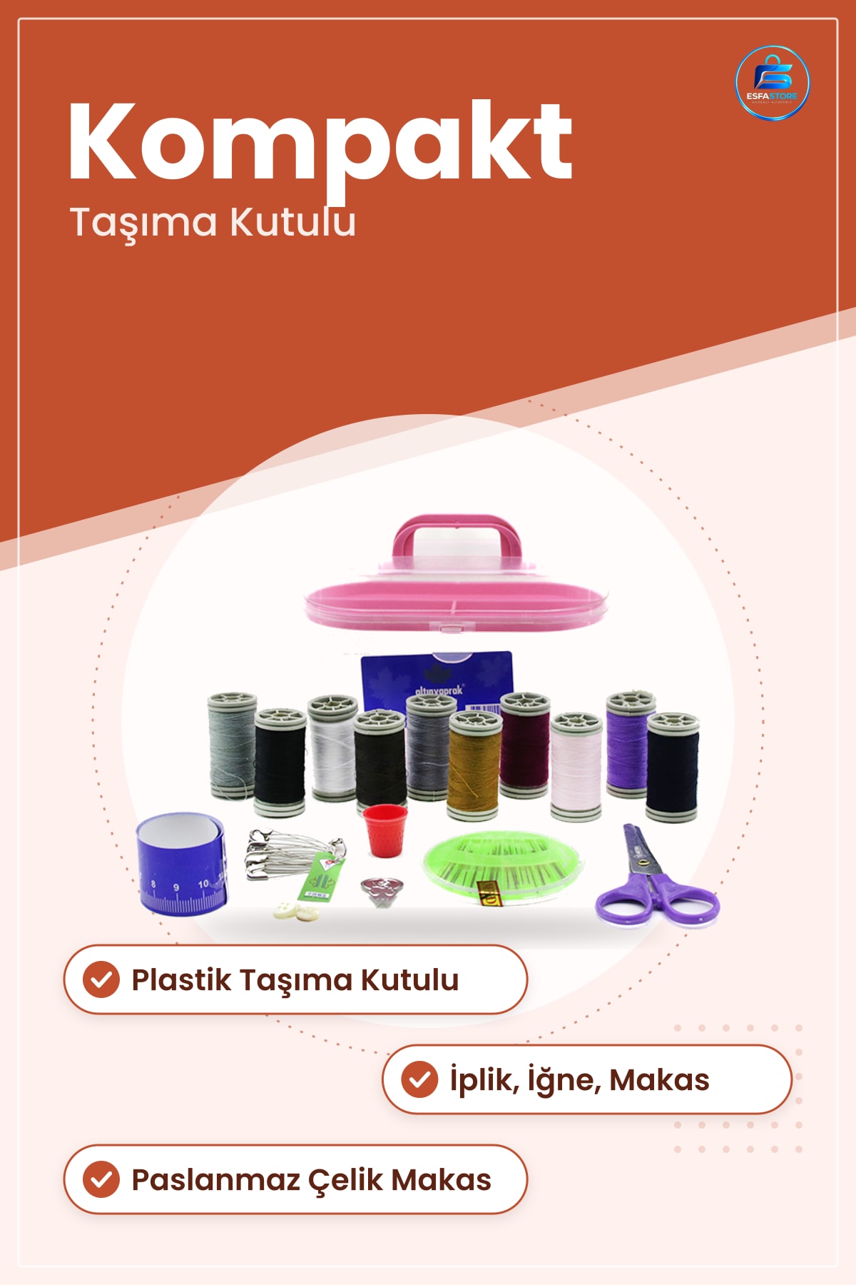 İğne Dikiş Seti Plastik Taşıma Kutulu İplik Makas Mezura Kompakt Ev Seyahat Tamir Kiti